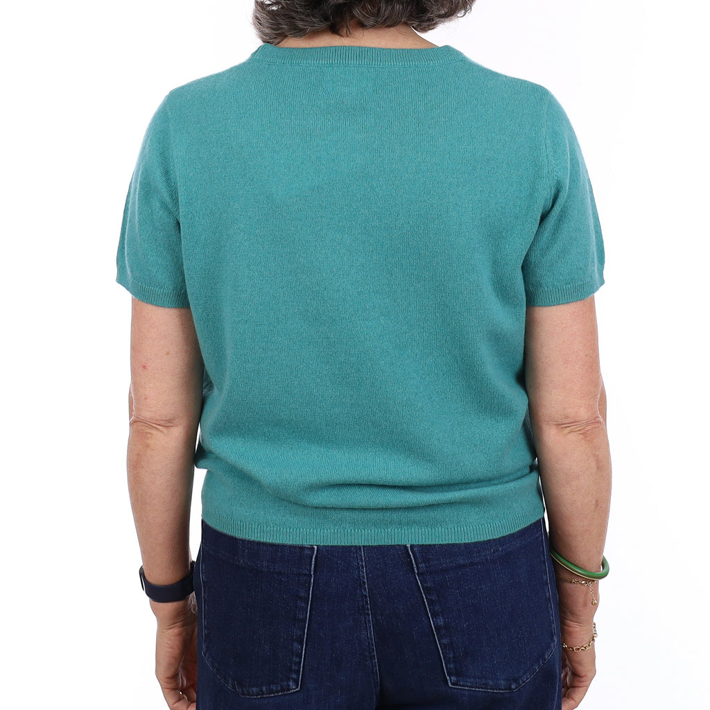 Brand New Lagoon Green Cashmere Crew Neck T-Shirt Medium UK 12-14