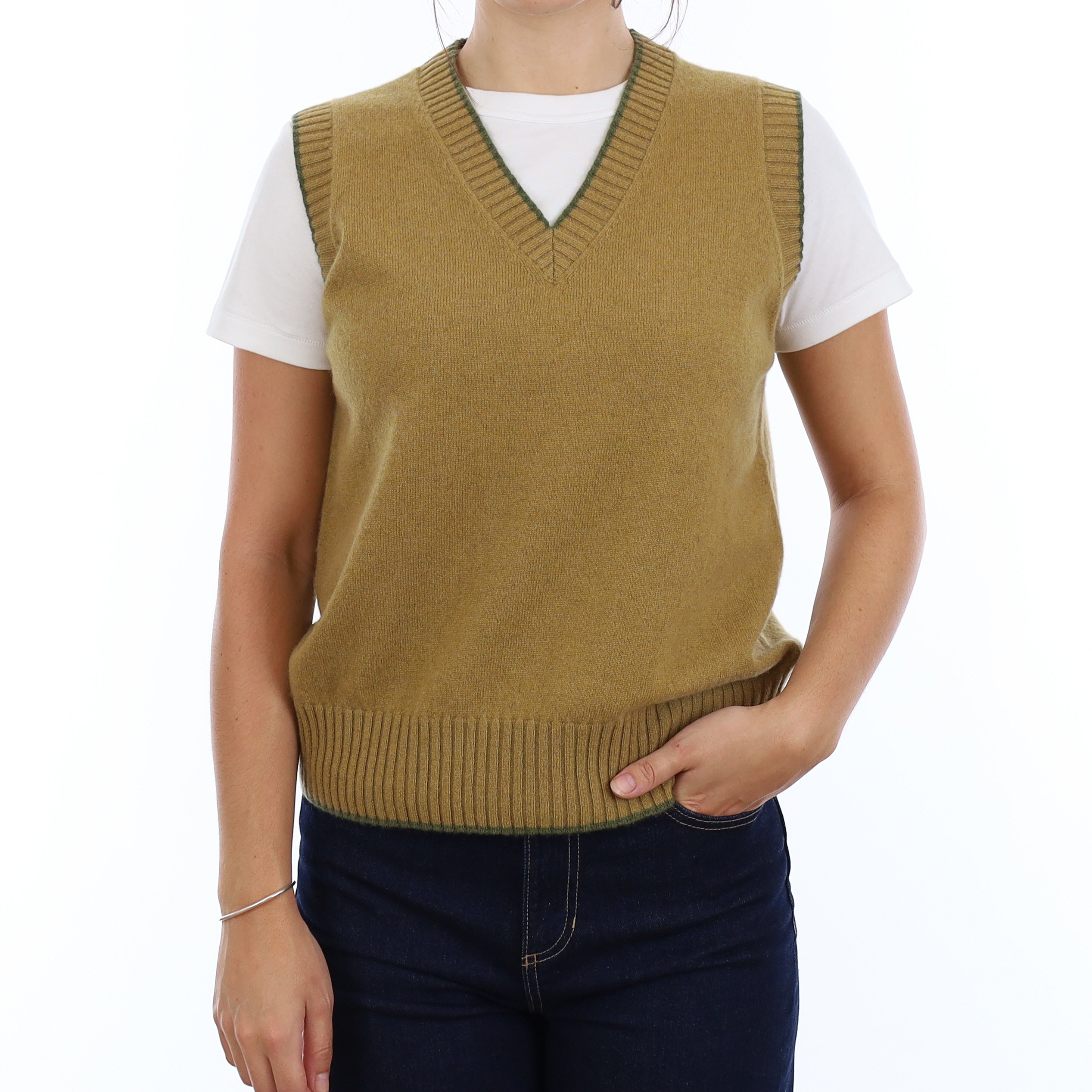 Brand New Mustard Gold and Olive Cashmere V Neck Tank Top Medium UK 12-14