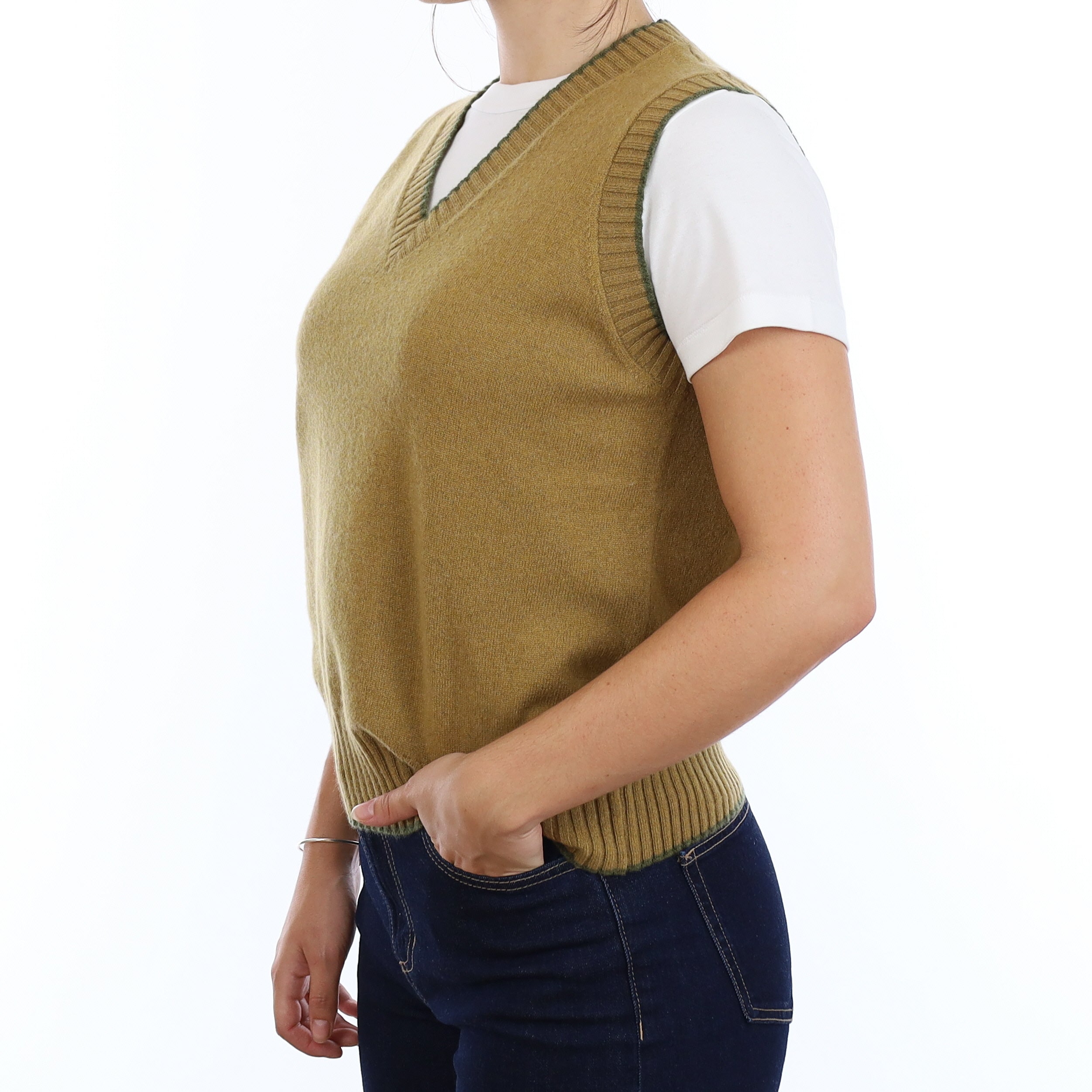 Brand New Mustard Gold and Olive Cashmere V Neck Tank Top Medium UK 12-14
