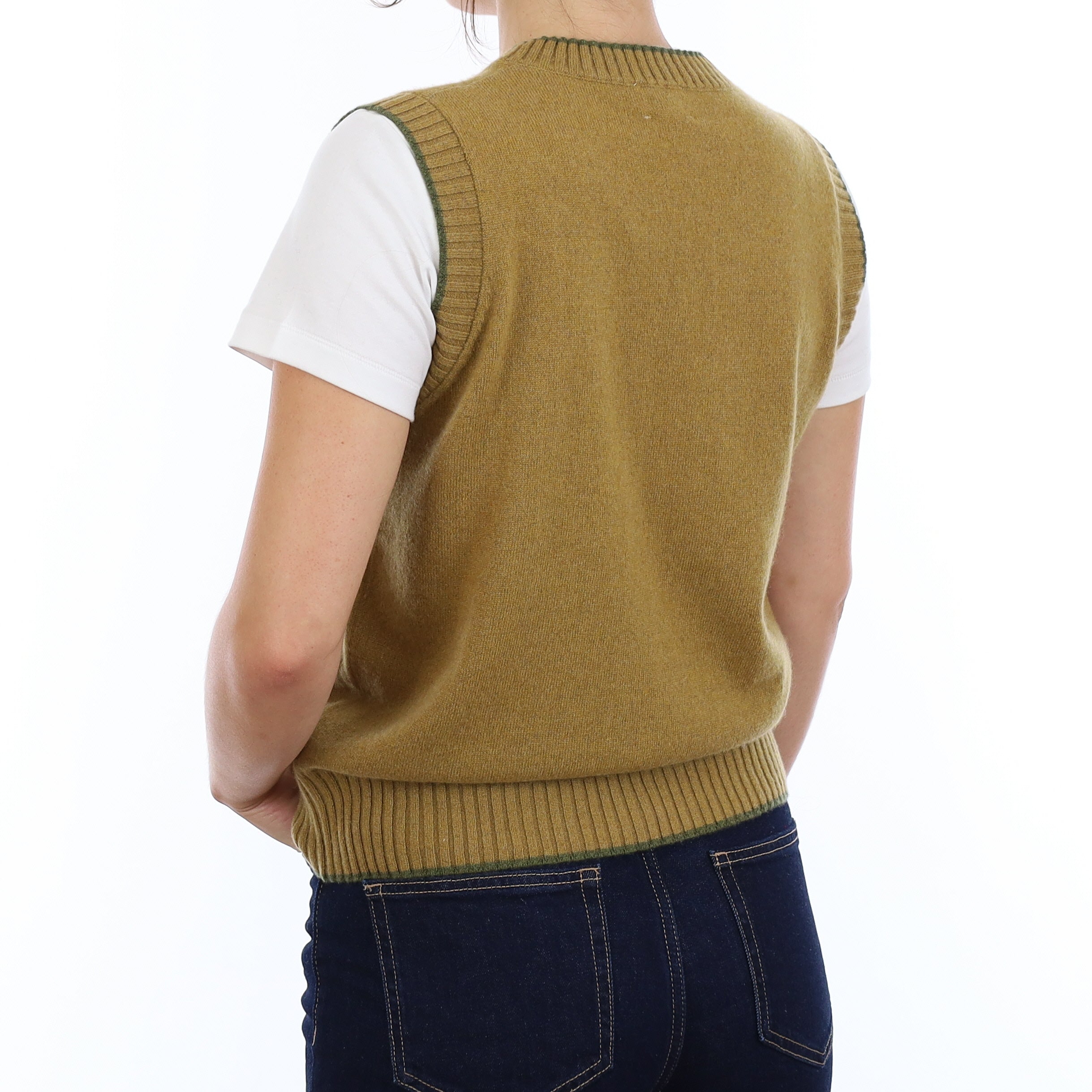 Brand New Mustard Gold and Olive Cashmere V Neck Tank Top Medium UK 12-14