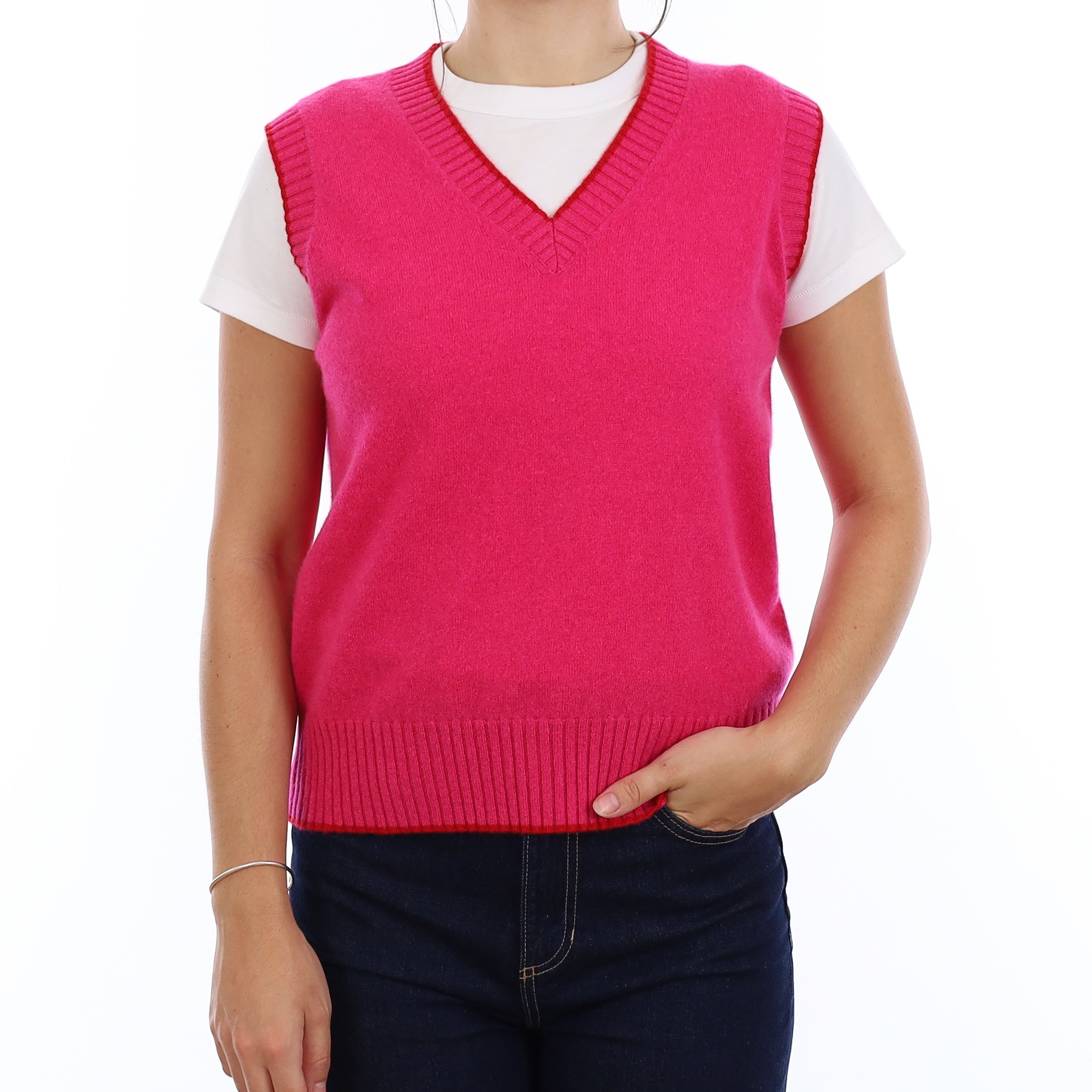 Brand New Hot Pink and Red Cashmere V Neck Tank Top Medium UK 12-14