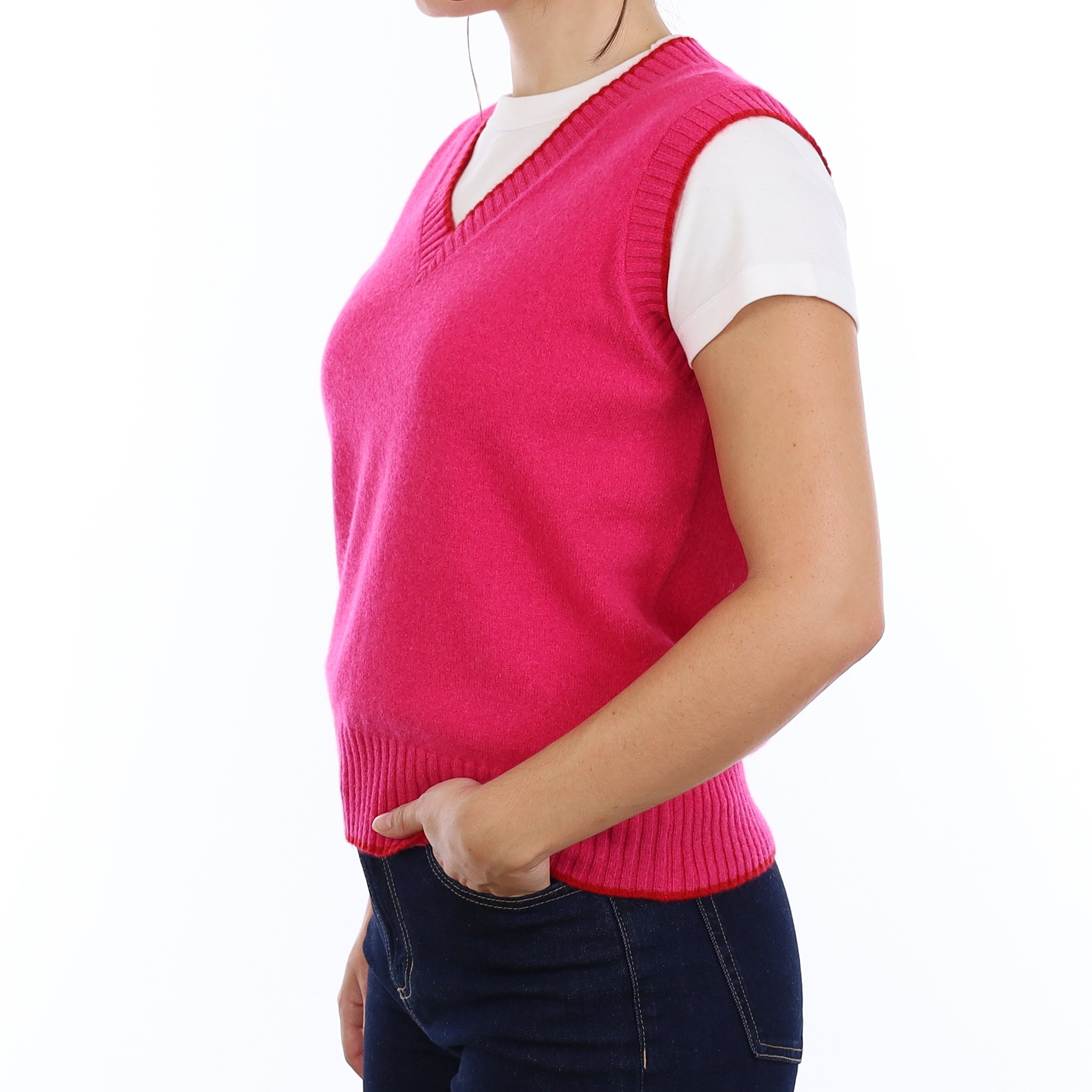 Brand New Hot Pink and Red Cashmere V Neck Tank Top Medium UK 12-14