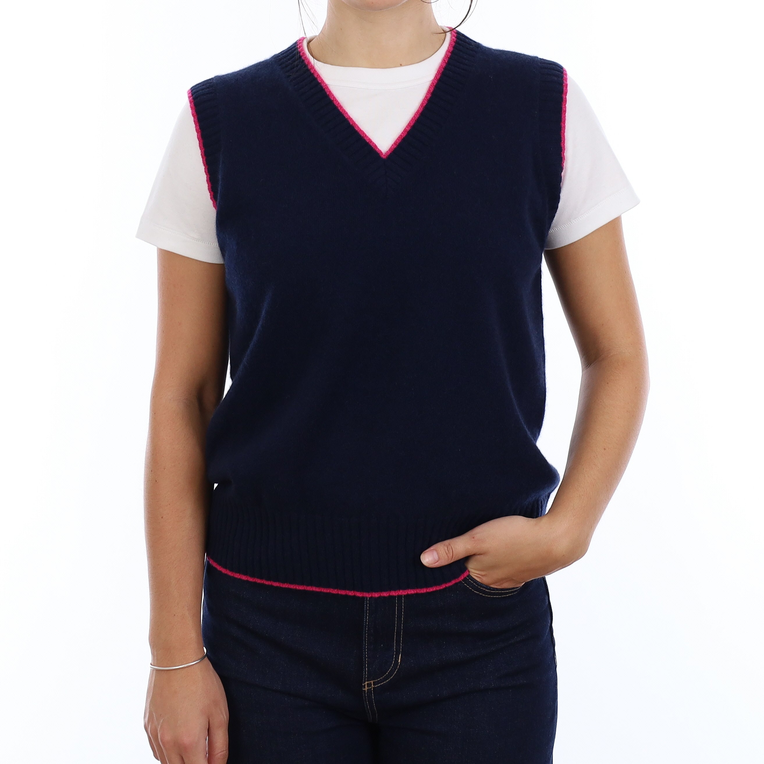 Brand New Navy and Hot Pink Cashmere V Neck Tank Top Medium UK 12-14