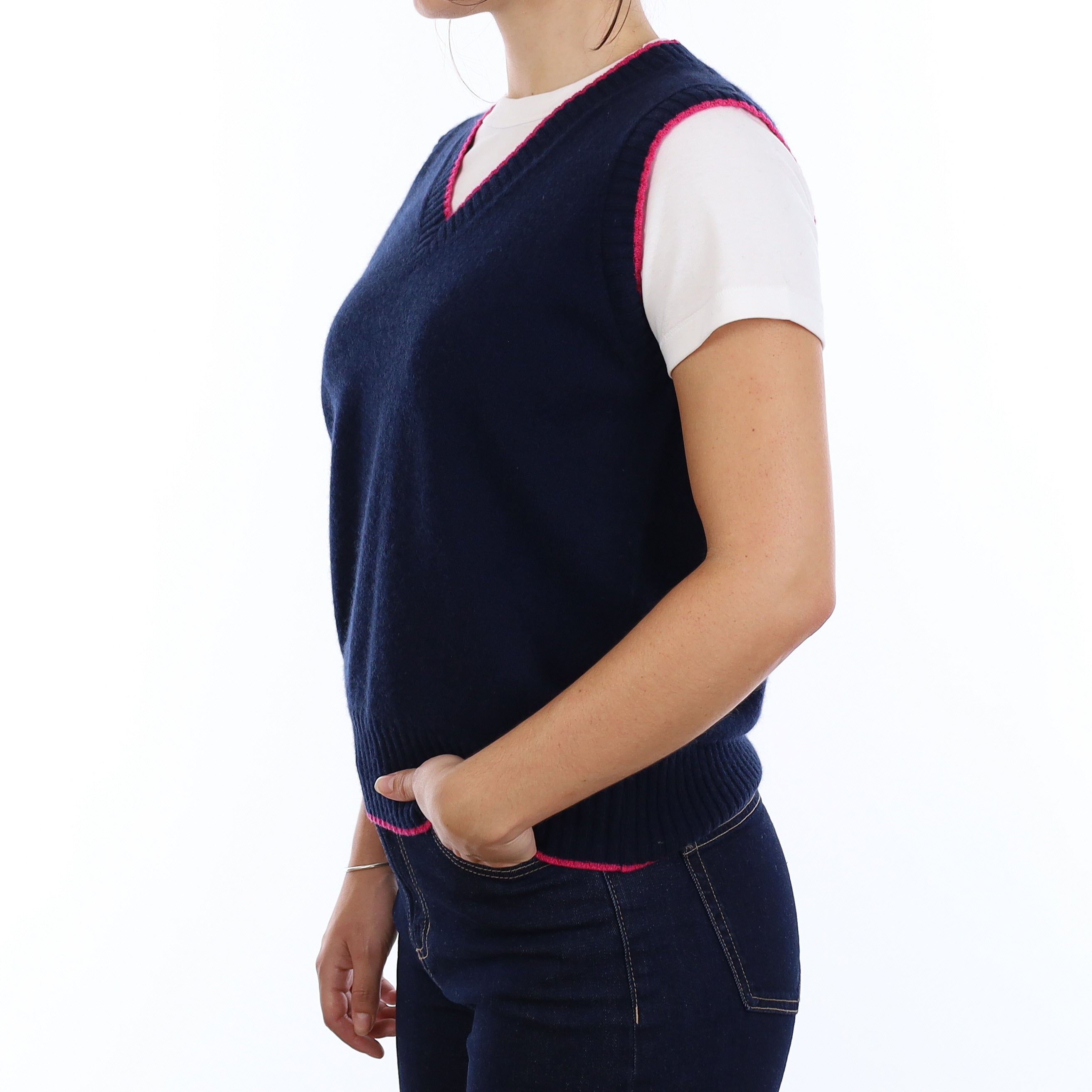 Brand New Navy and Hot Pink Cashmere V Neck Tank Top Medium UK 12-14