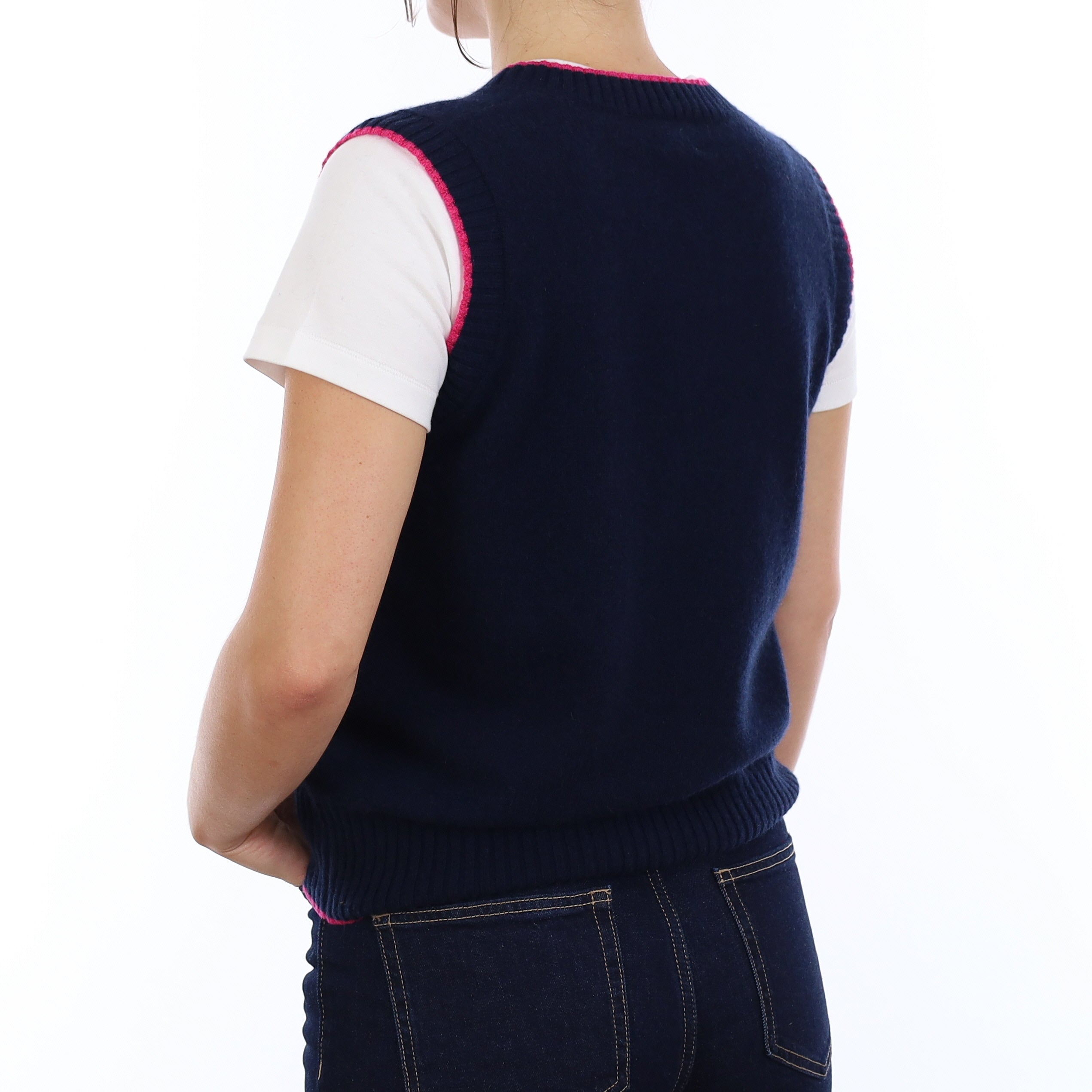 Brand New Navy and Hot Pink Cashmere V Neck Tank Top Medium UK 12-14