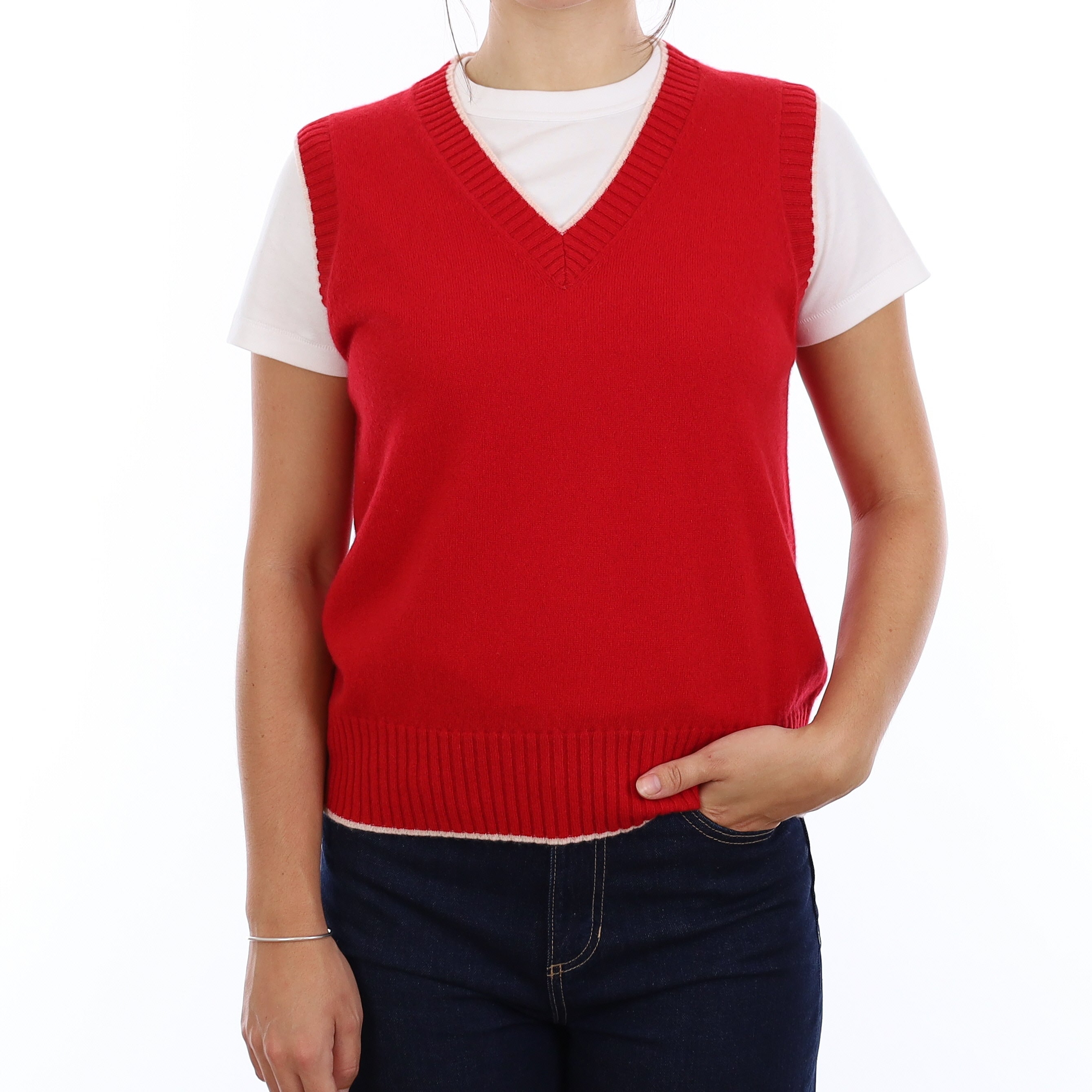 Brand New Post Box Red and Chalk Cashmere V Neck Tank Top Medium UK 12-14
