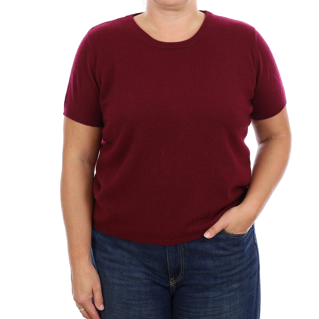 Brand New Wine Red Cashmere Crew Neck T-Shirt Large UK 16-18