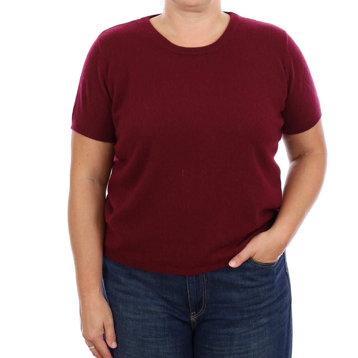 Brand New Wine Red Cashmere Crew Neck T-Shirt Large UK 16-18