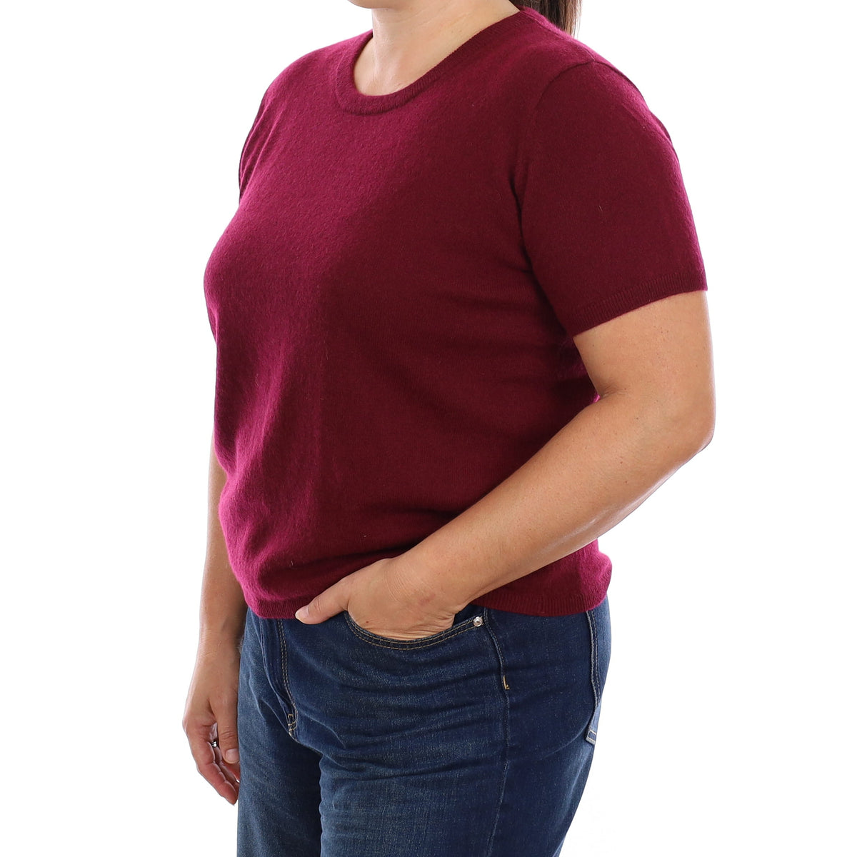 Brand New Wine Red Cashmere Crew Neck T-Shirt Large UK 16-18