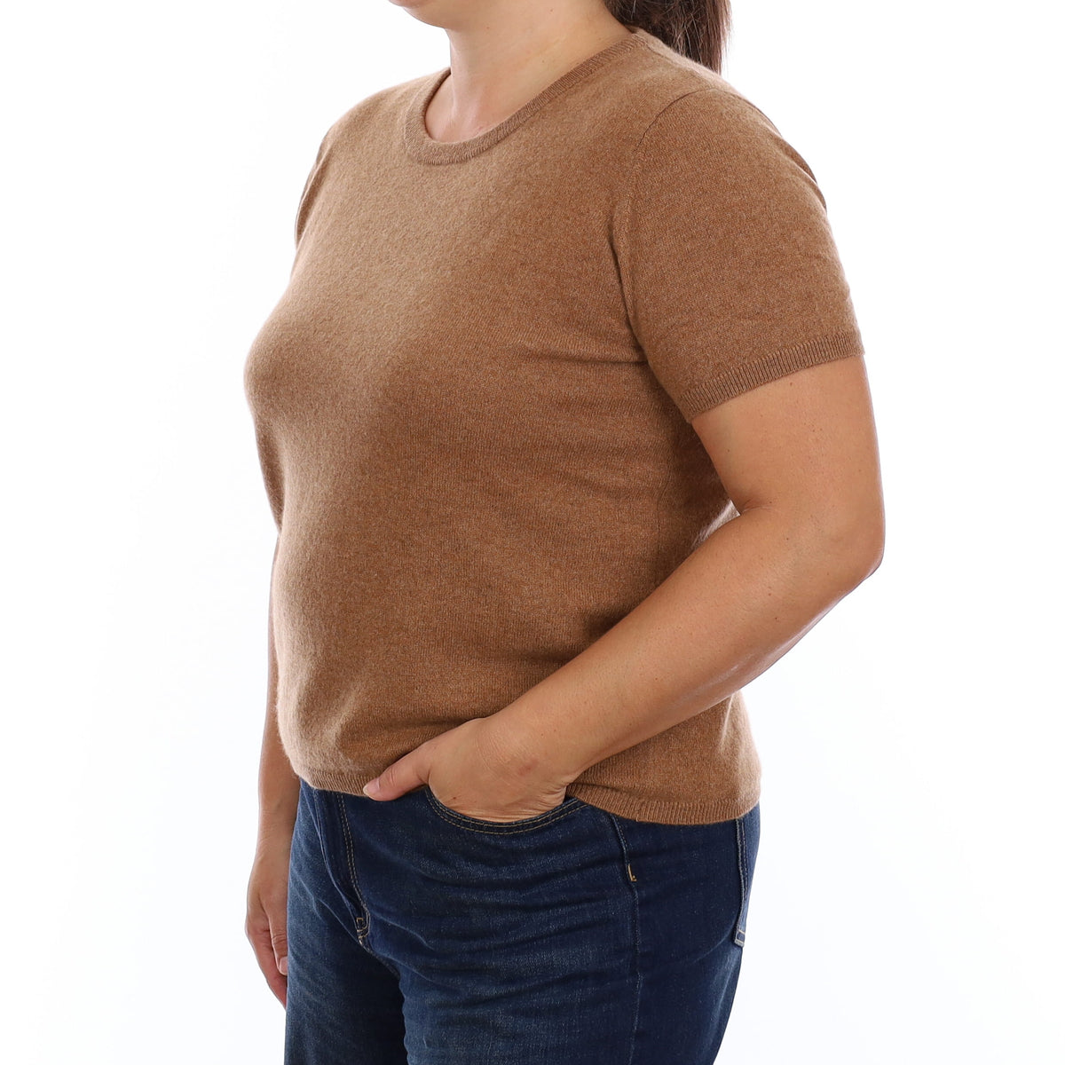 Brand New Harvest Brown Cashmere Crew Neck T-Shirt Large UK 16-18