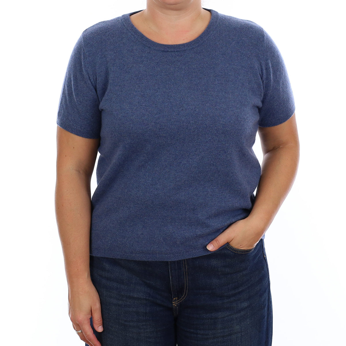 Brand New Denim Blue Cashmere Crew Neck T-Shirt Large UK 16-18