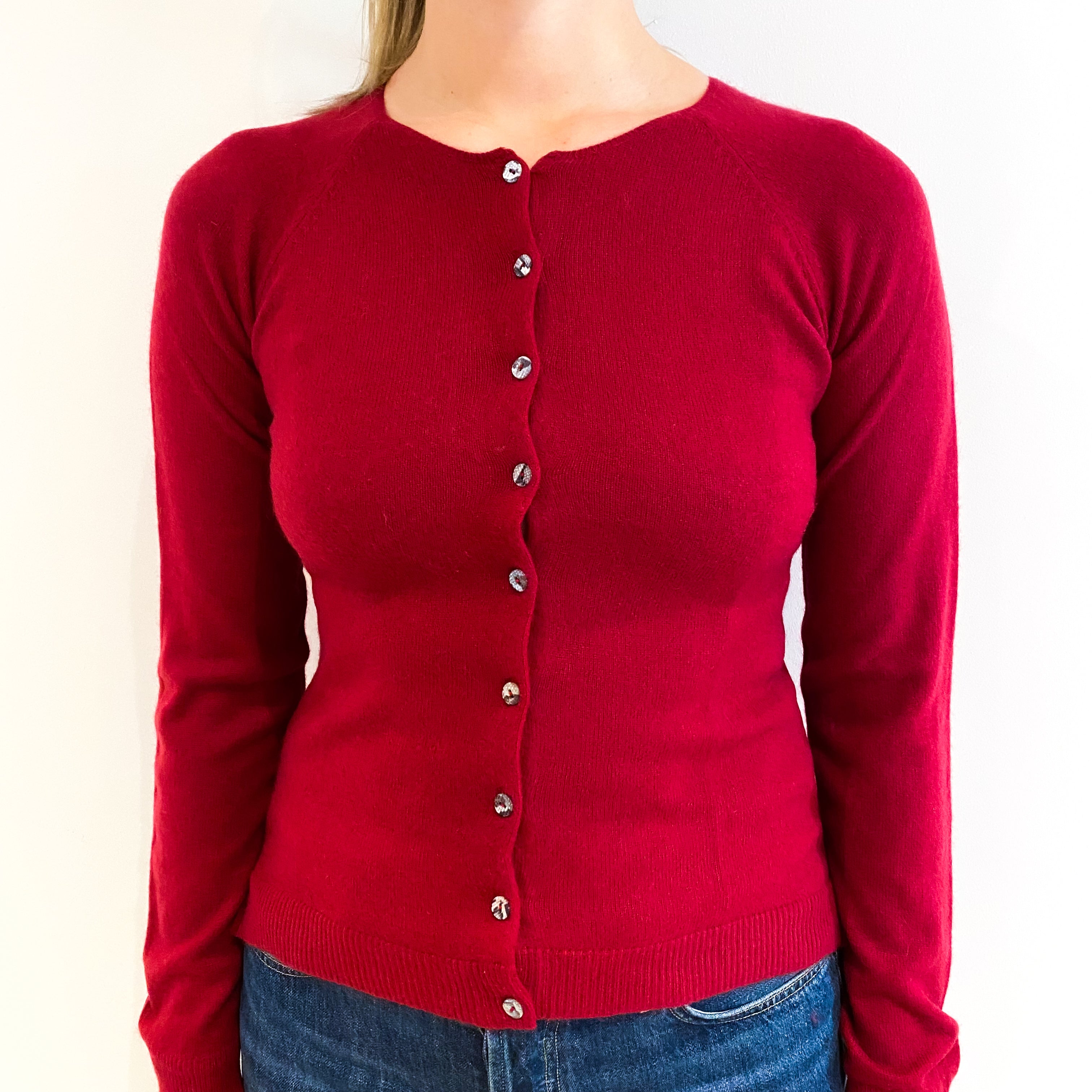 Ruby Red Cashmere Crew Neck Cardigan Small