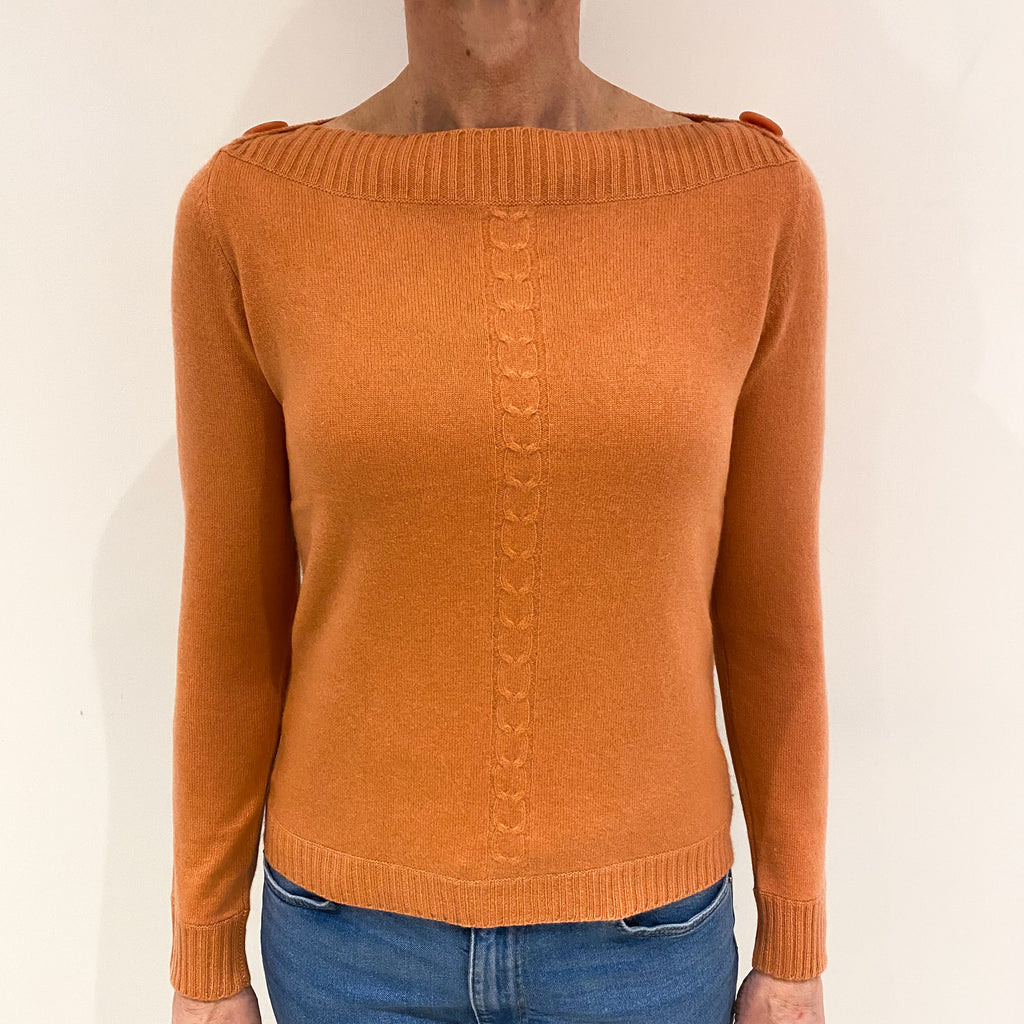 Peach Pink with Knit Detail on Centre and Sides Cashmere Slash Neck Jumper Small
