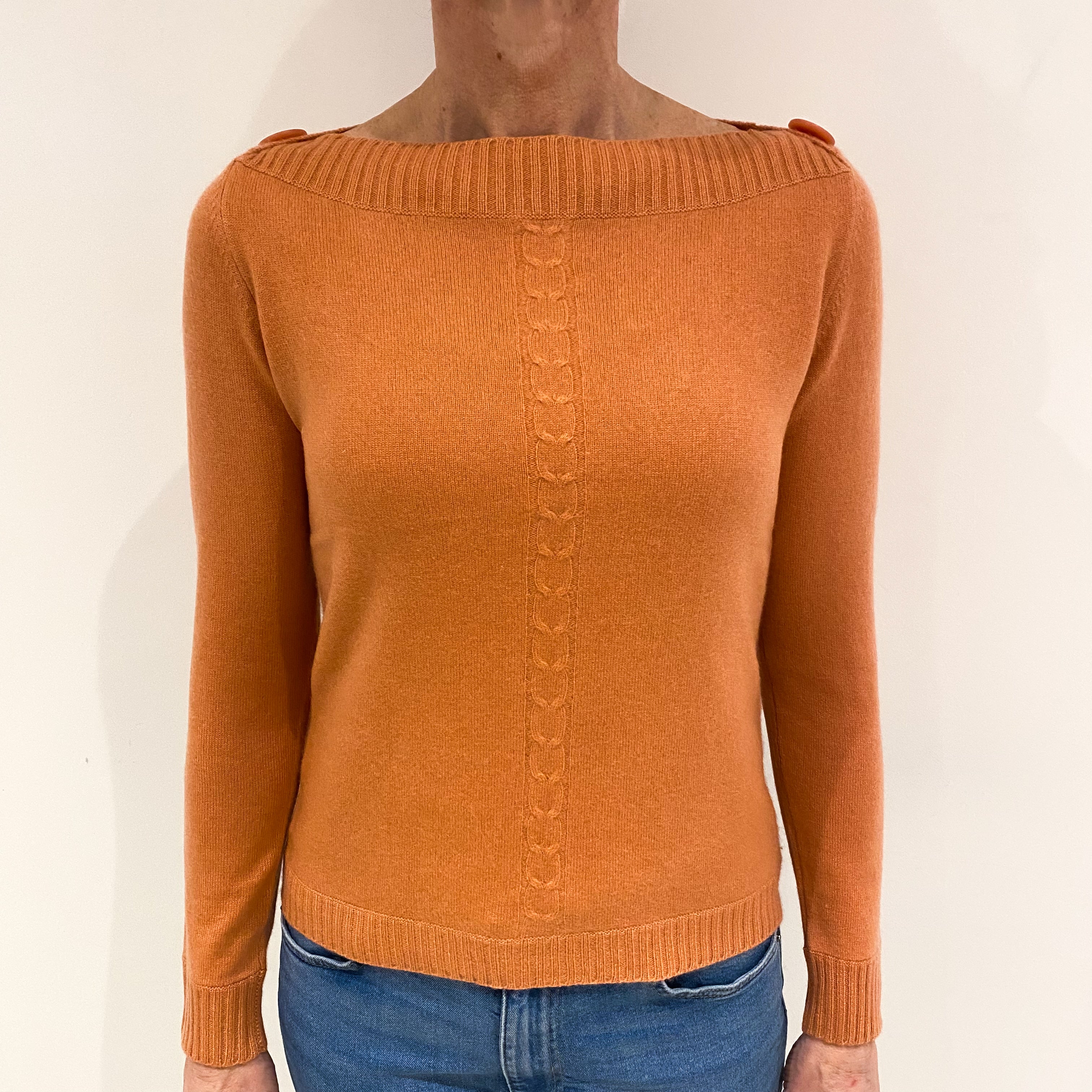 Peach Pink with Knit Detail on Centre and Sides Cashmere Slash Neck Jumper Small