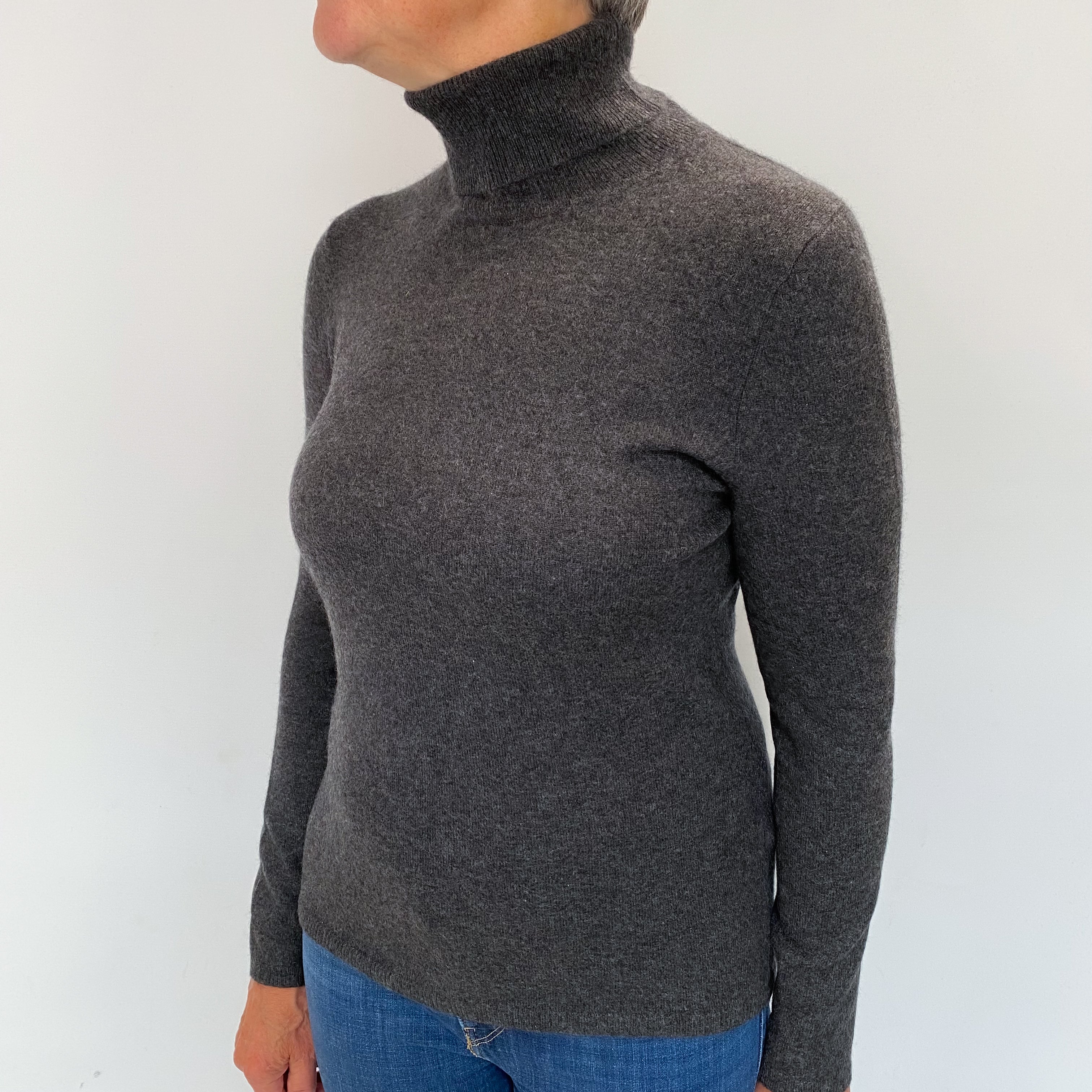 Charcoal Grey Cashmere Polo Neck Jumper Medium