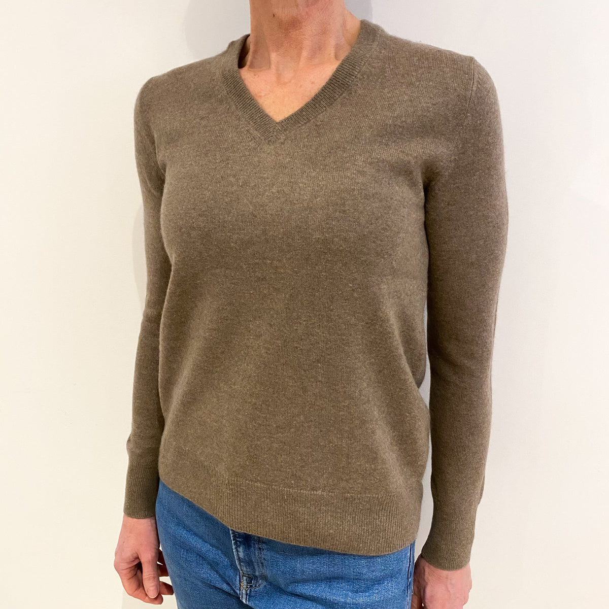 Mocha Brown Cashmere V Neck Jumper Small