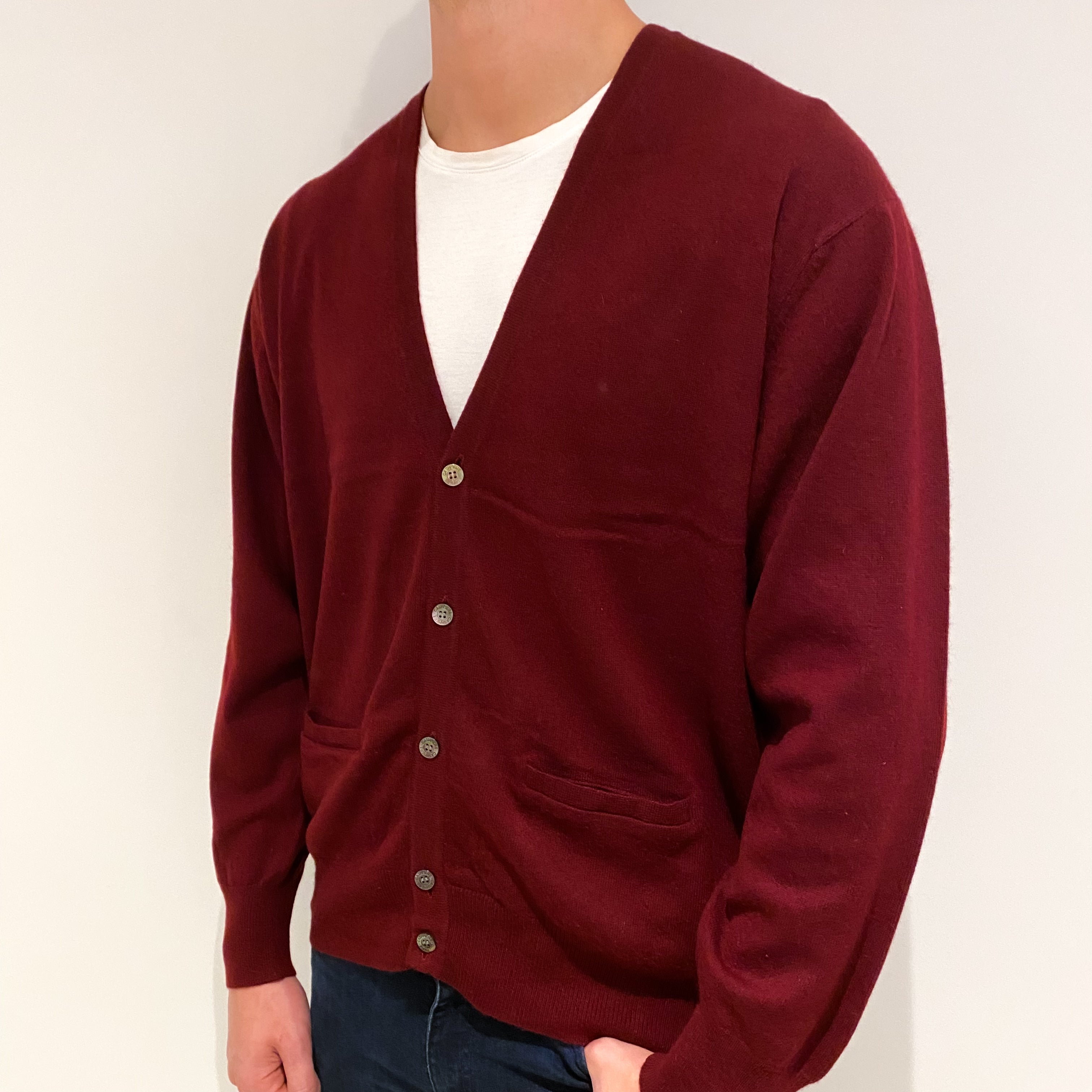 Men's Burgundy Red Cashmere V-Neck Cardigan Extra Extra Large