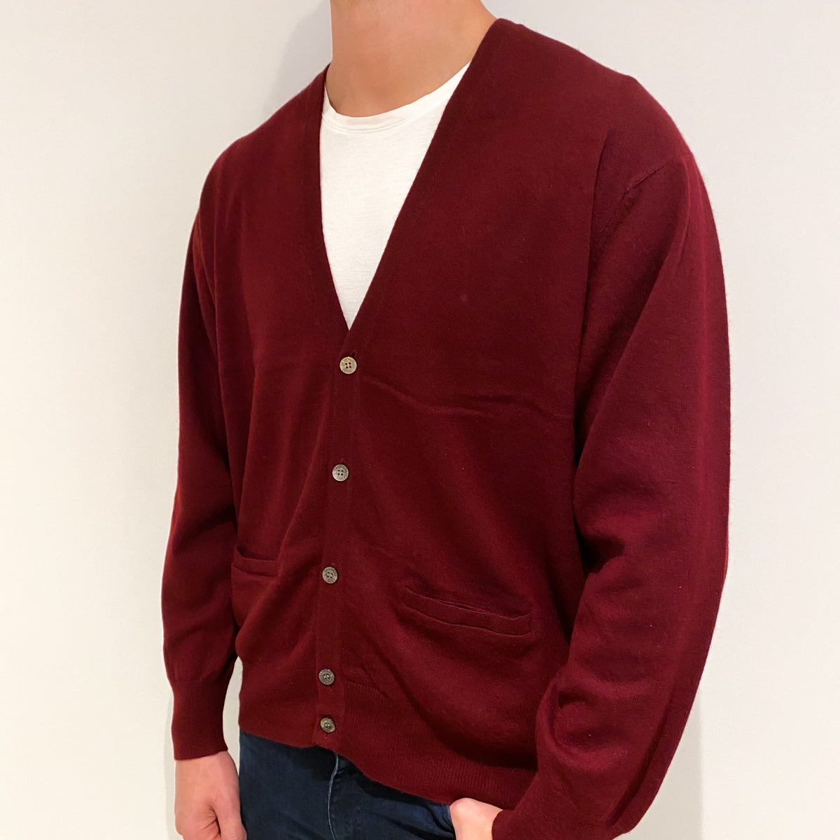 Men's Burgundy Red Cashmere V-Neck Cardigan Extra Extra Large