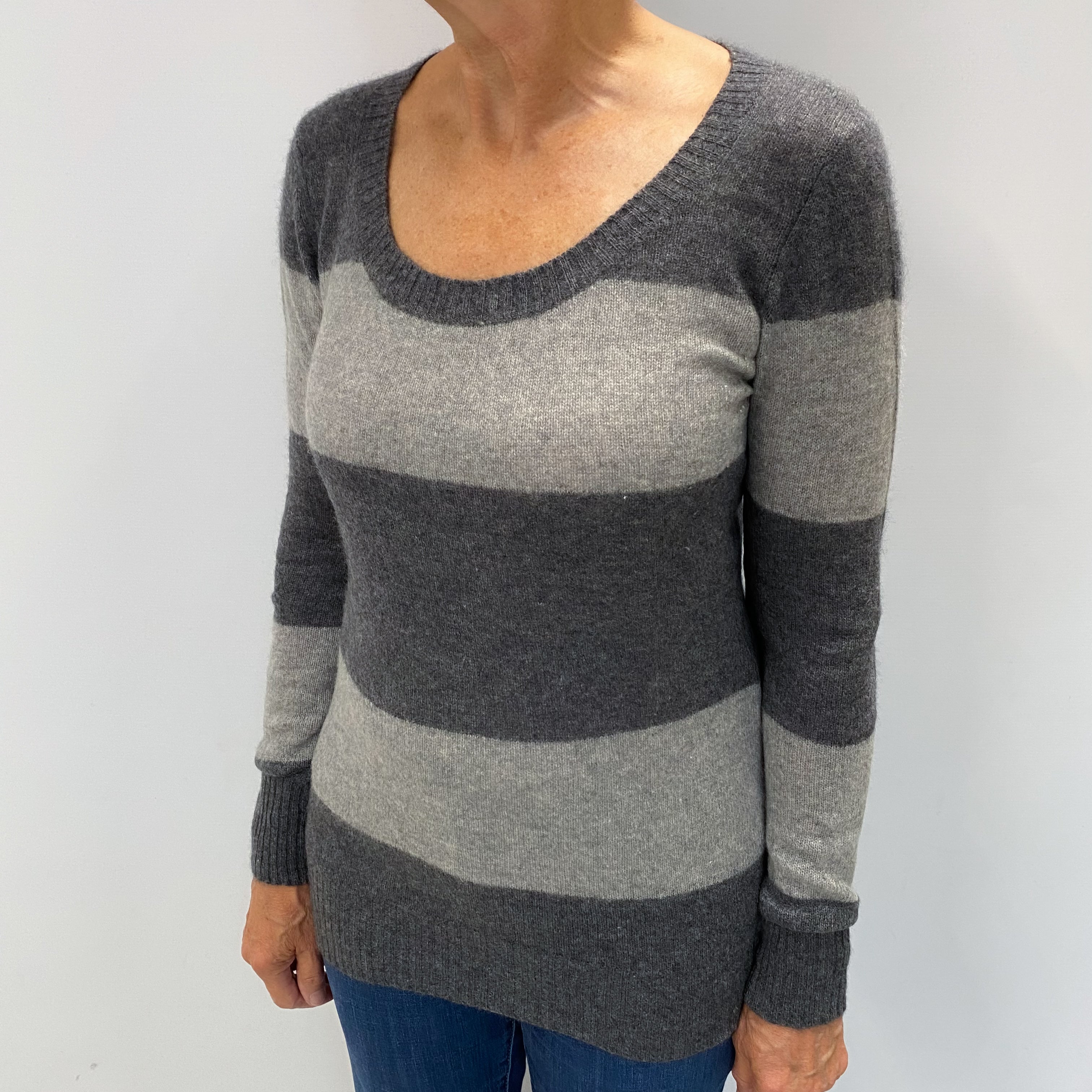 Grey Stripe Cashmere Scoop Neck Jumper Medium