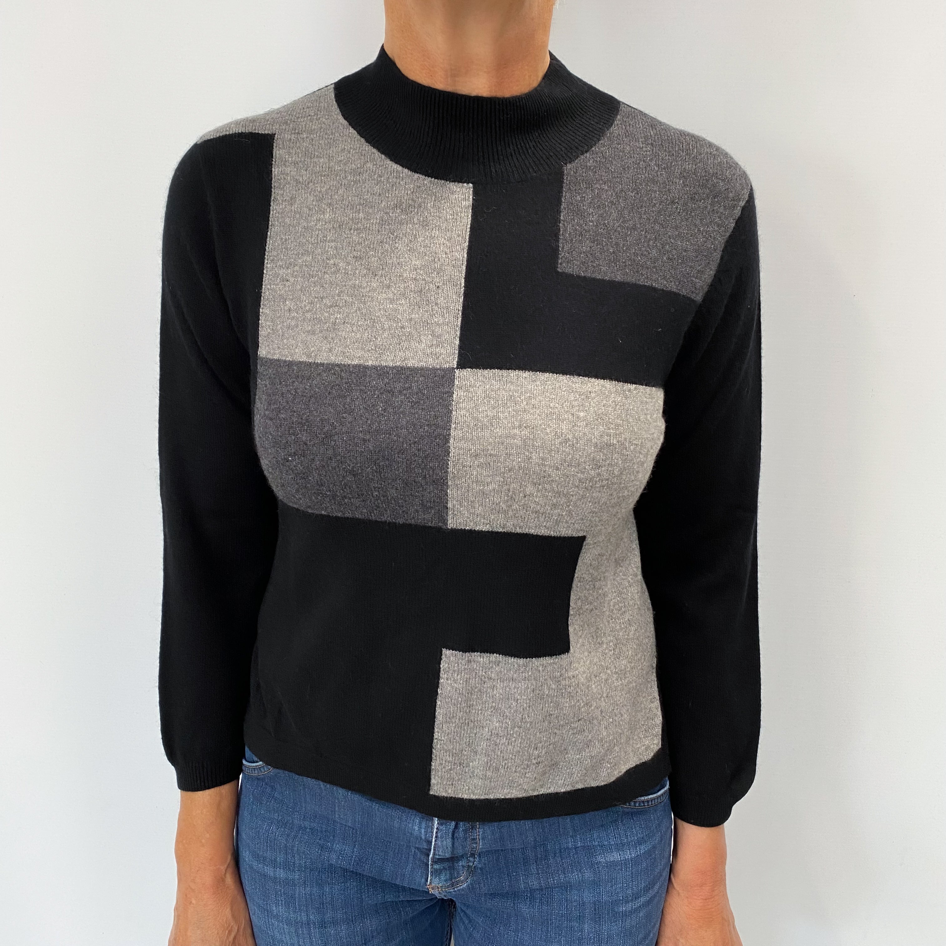 Black Colour Block Cashmere Turtle Neck Jumper Medium