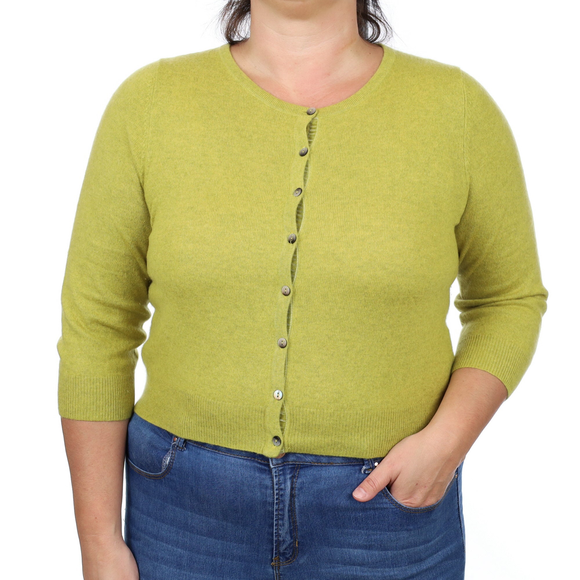 Lichen Green Cashmere Crew Neck Cardigan Large