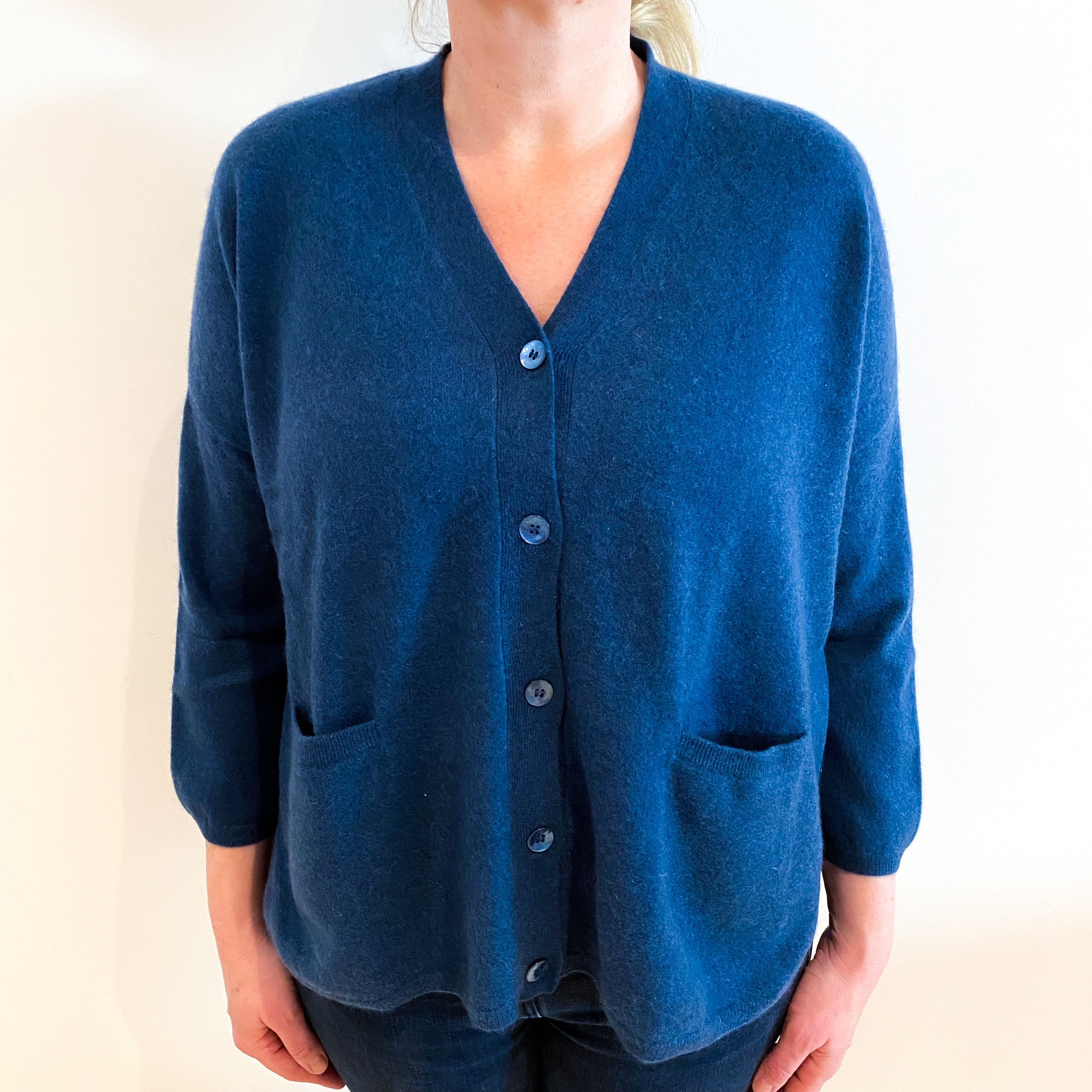 Navy Blue Cashmere V Neck Cardigan Large