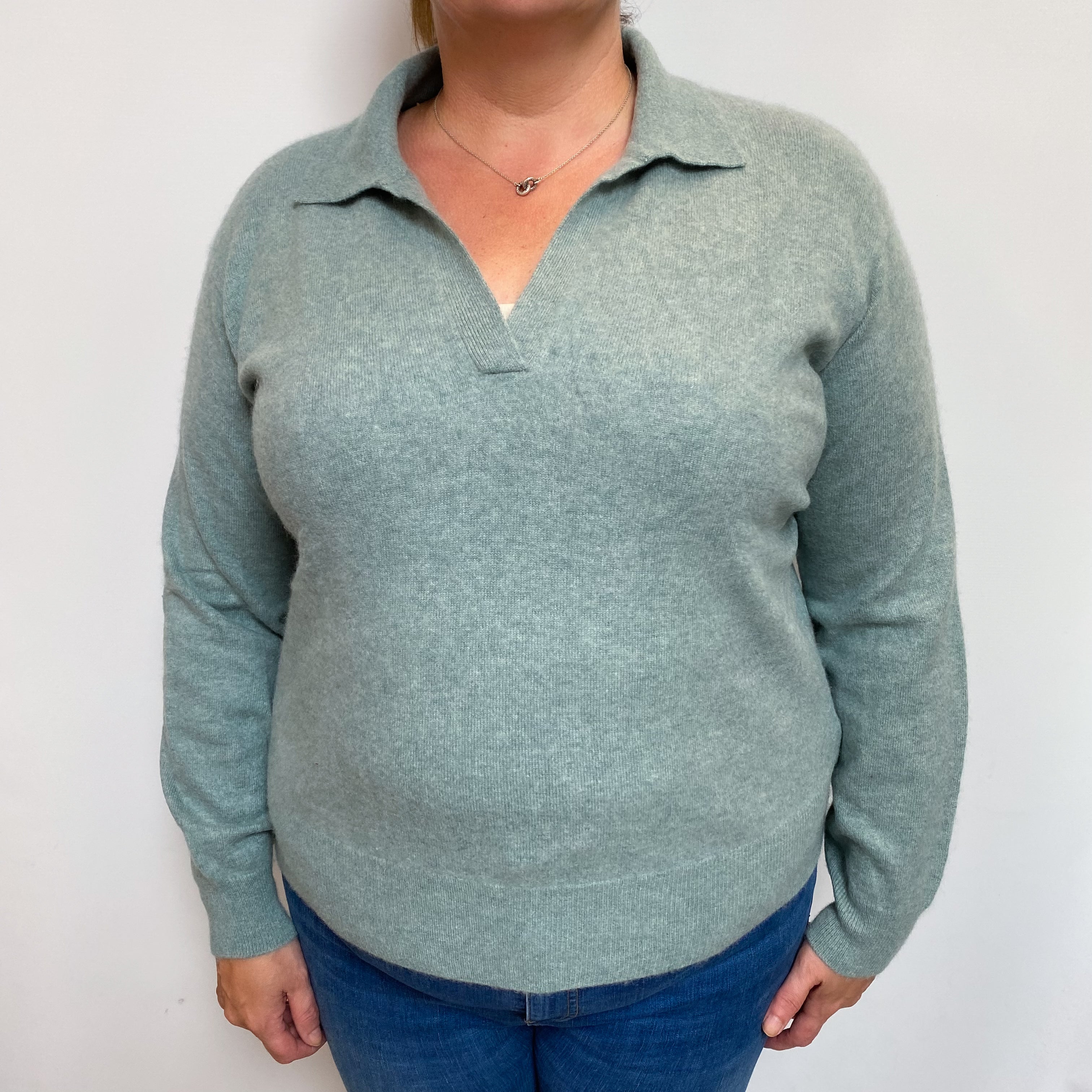 Duck Egg Green Cashmere Collared V Neck Jumper Extra Large