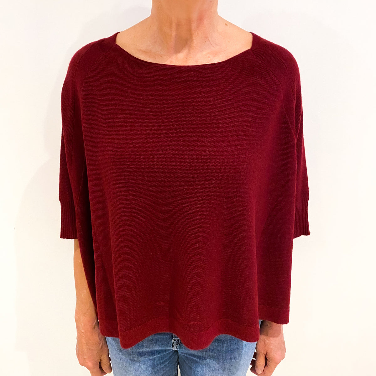 Burgundy Red Cashmere Slash Neck Poncho Style Jumper Medium