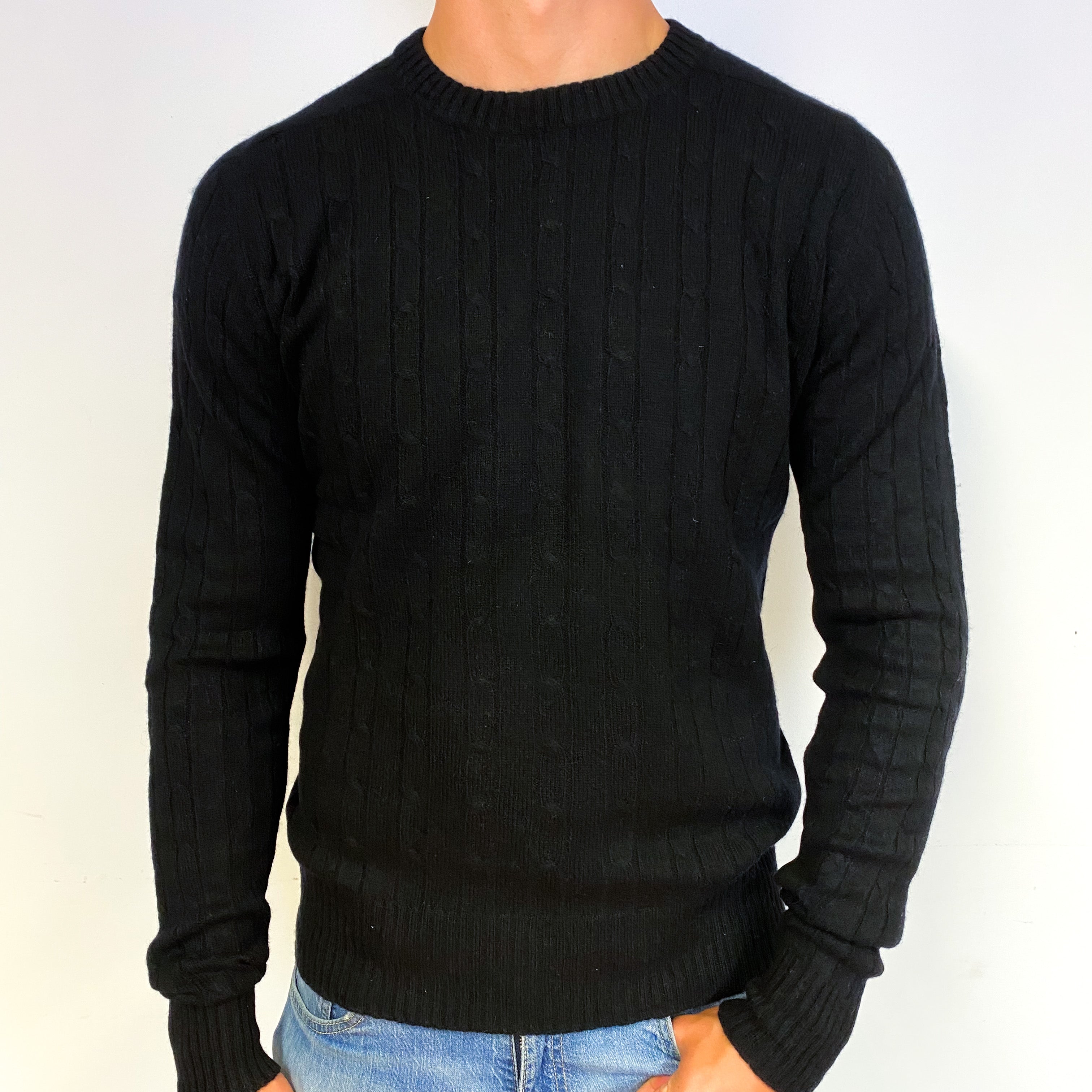 Men's Black Cable Knit Cashmere Crew Neck Jumper Extra Large
