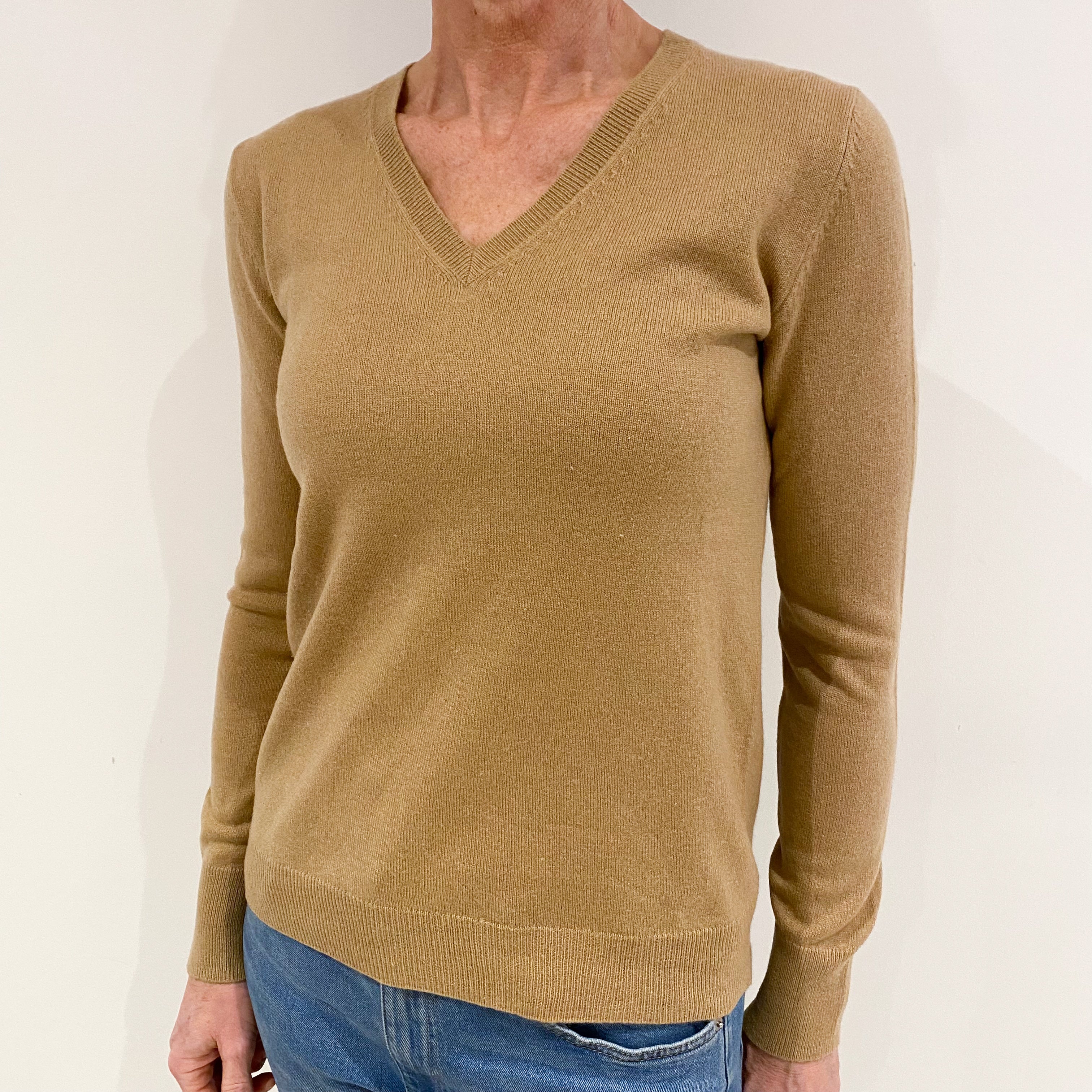 Camel Brown Cashmere V Neck Jumper Small