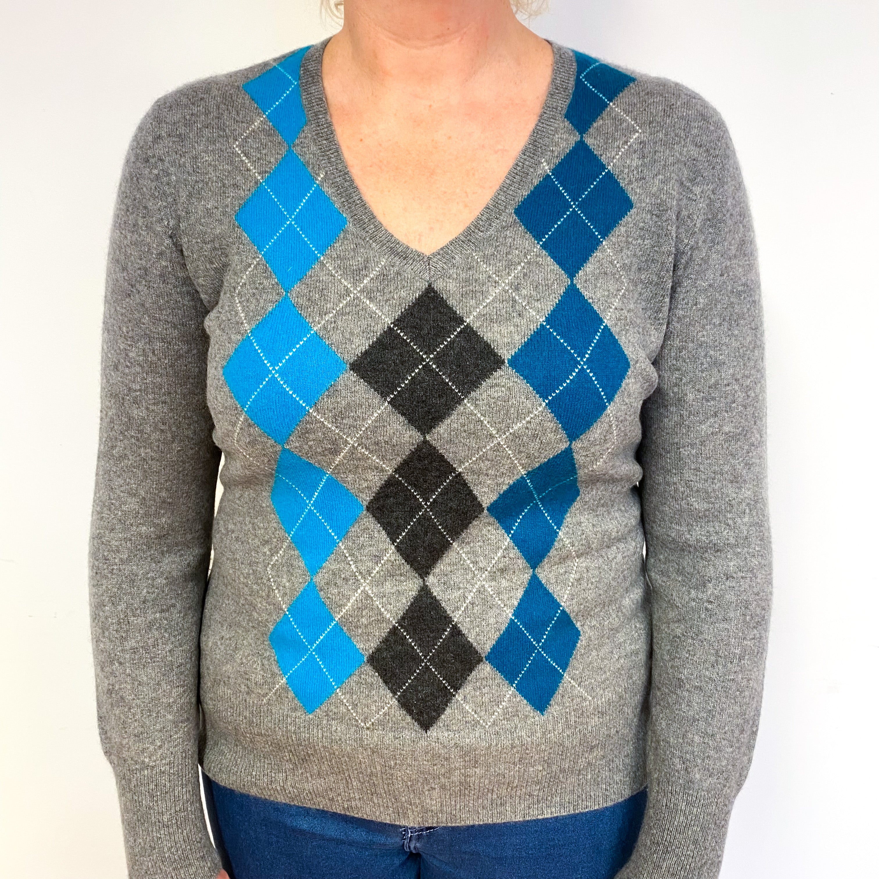 Steel Grey Teal Argyle Cashmere V-Neck Jumper Large