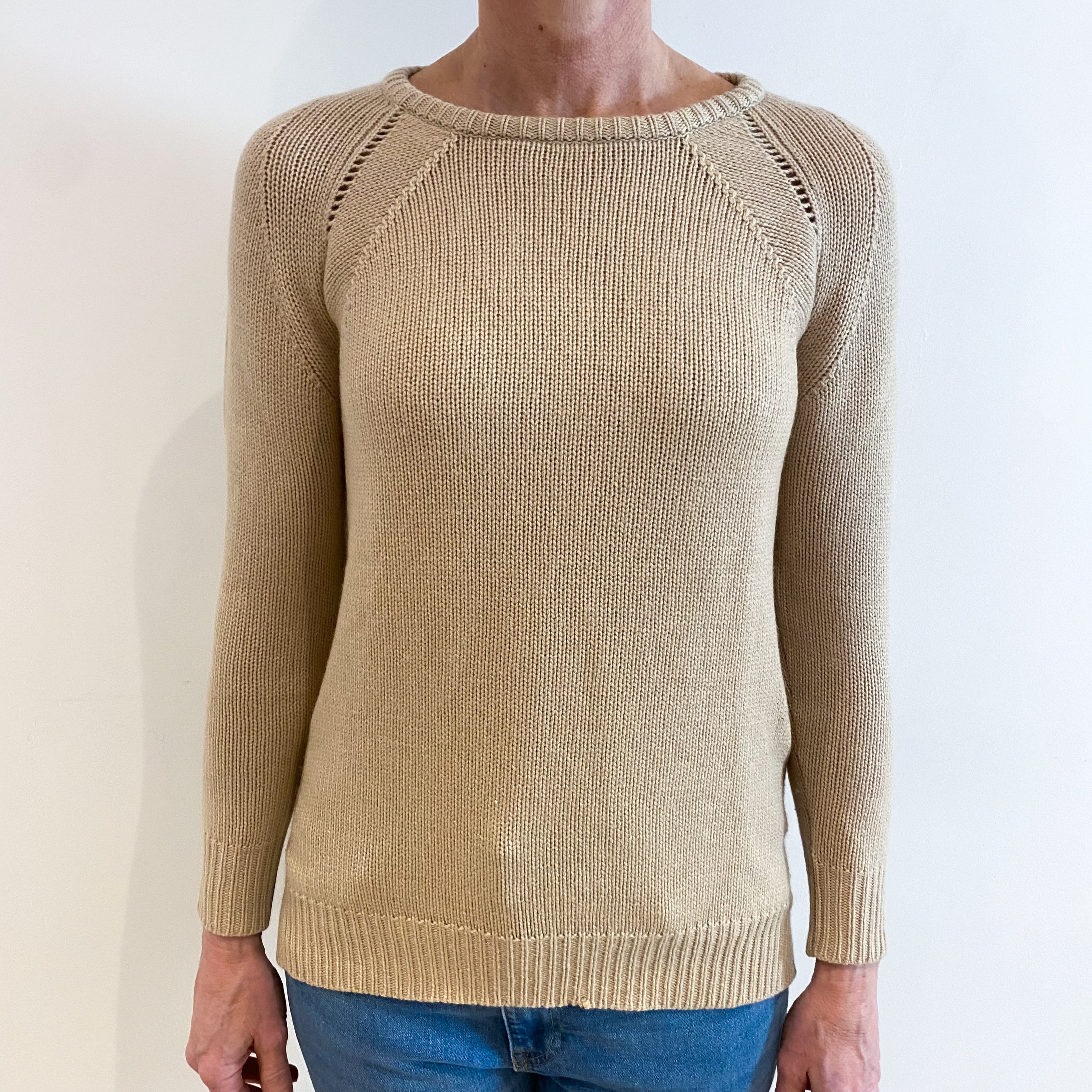 Beige Chunky Cashmere Crew Neck Jumper Small