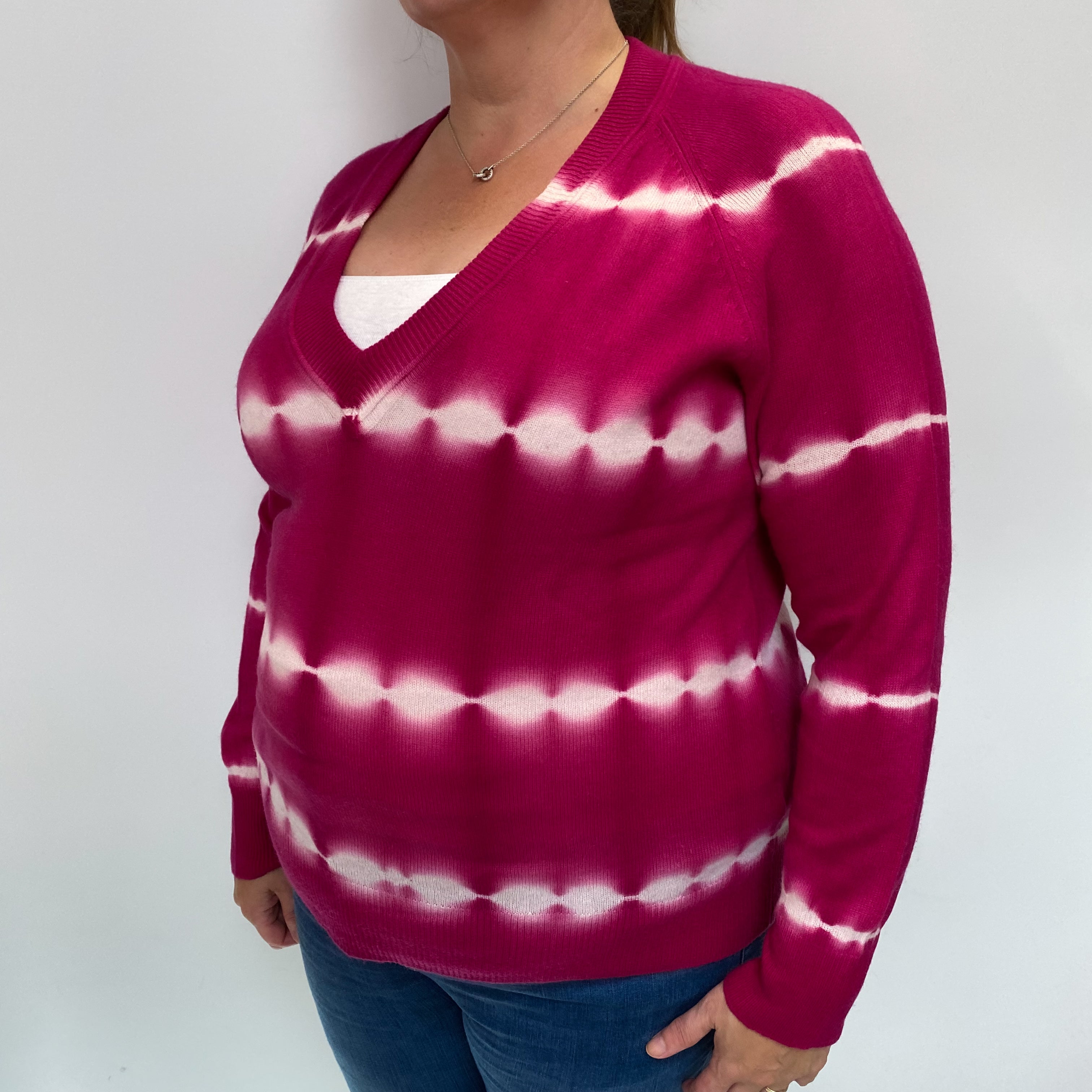 Cherry Pink Tie Dye Cashmere V Neck Jumper Extra Large