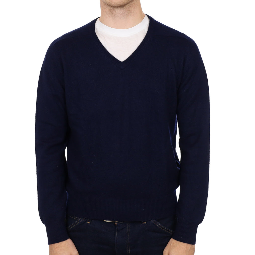 Men's Deep Navy Blue Cashmere V Neck Jumper Medium