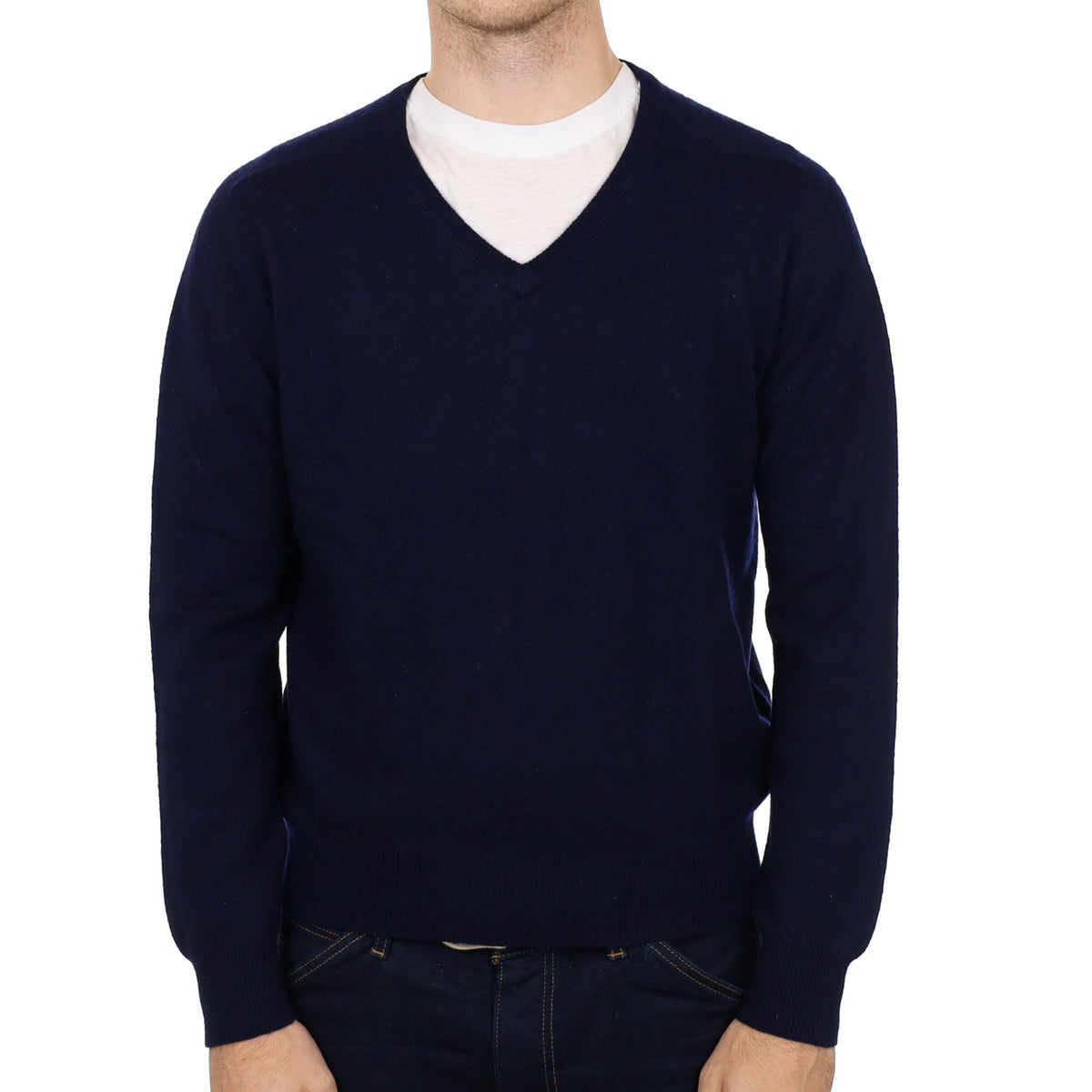 Men's Deep Navy Blue Cashmere V Neck Jumper Medium