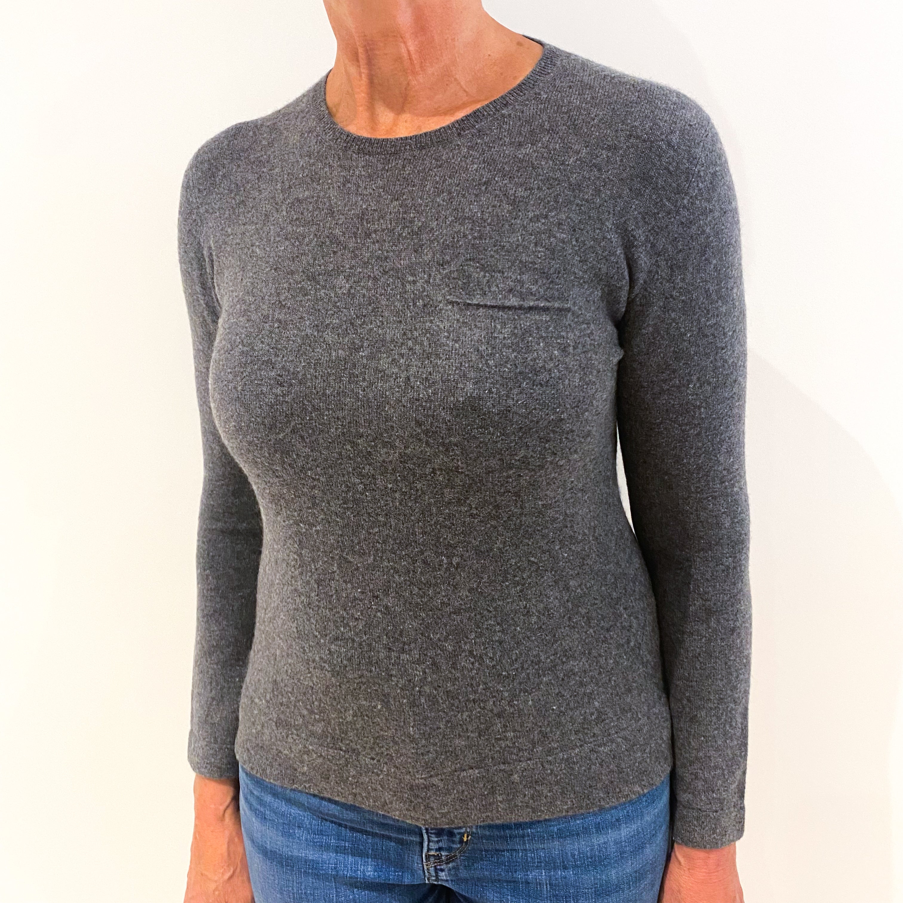 Slate Grey Cashmere Crew Neck Jumper with Pocket Medium