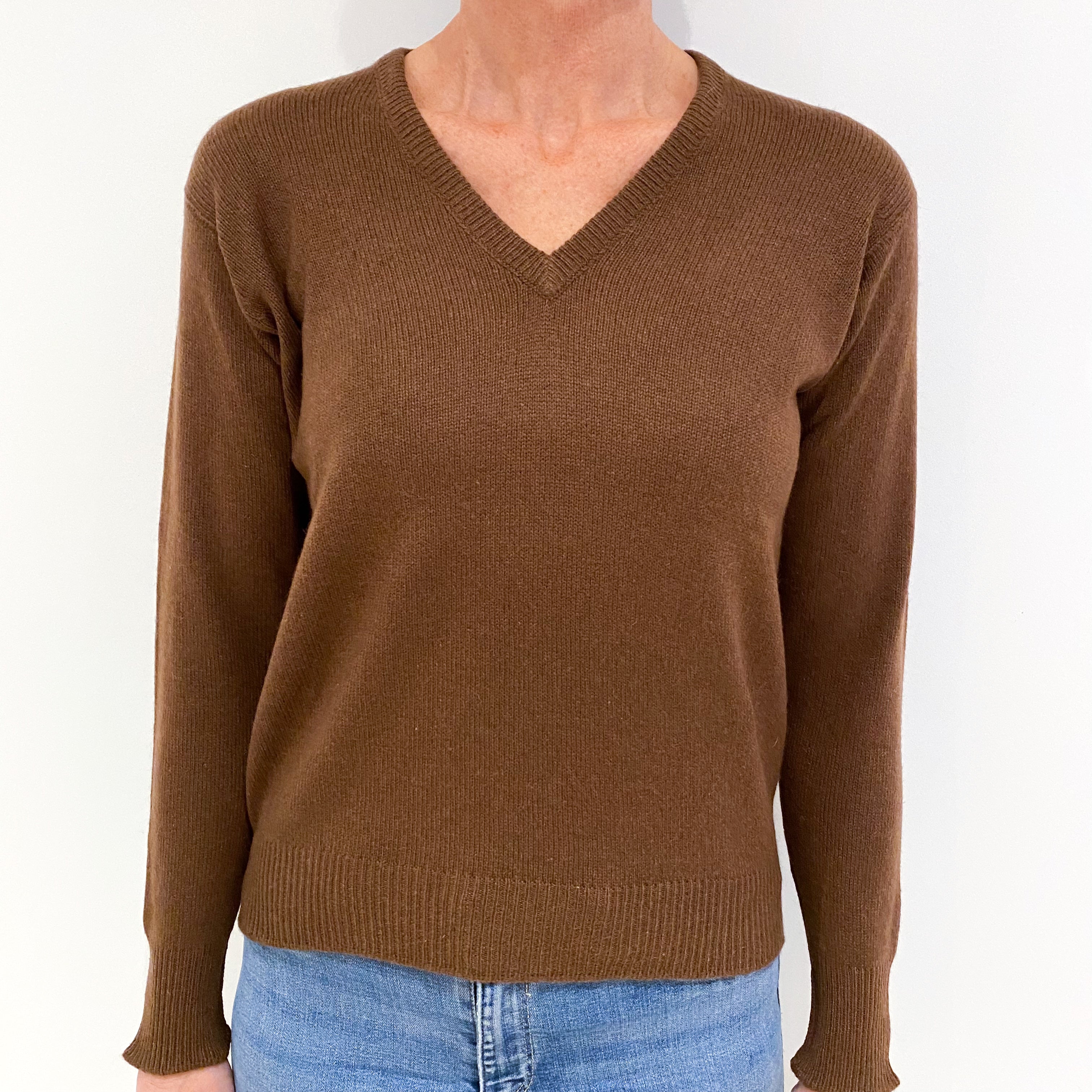 Vintage Milk Chocolate Brown Cashmere V-Neck Jumper Small