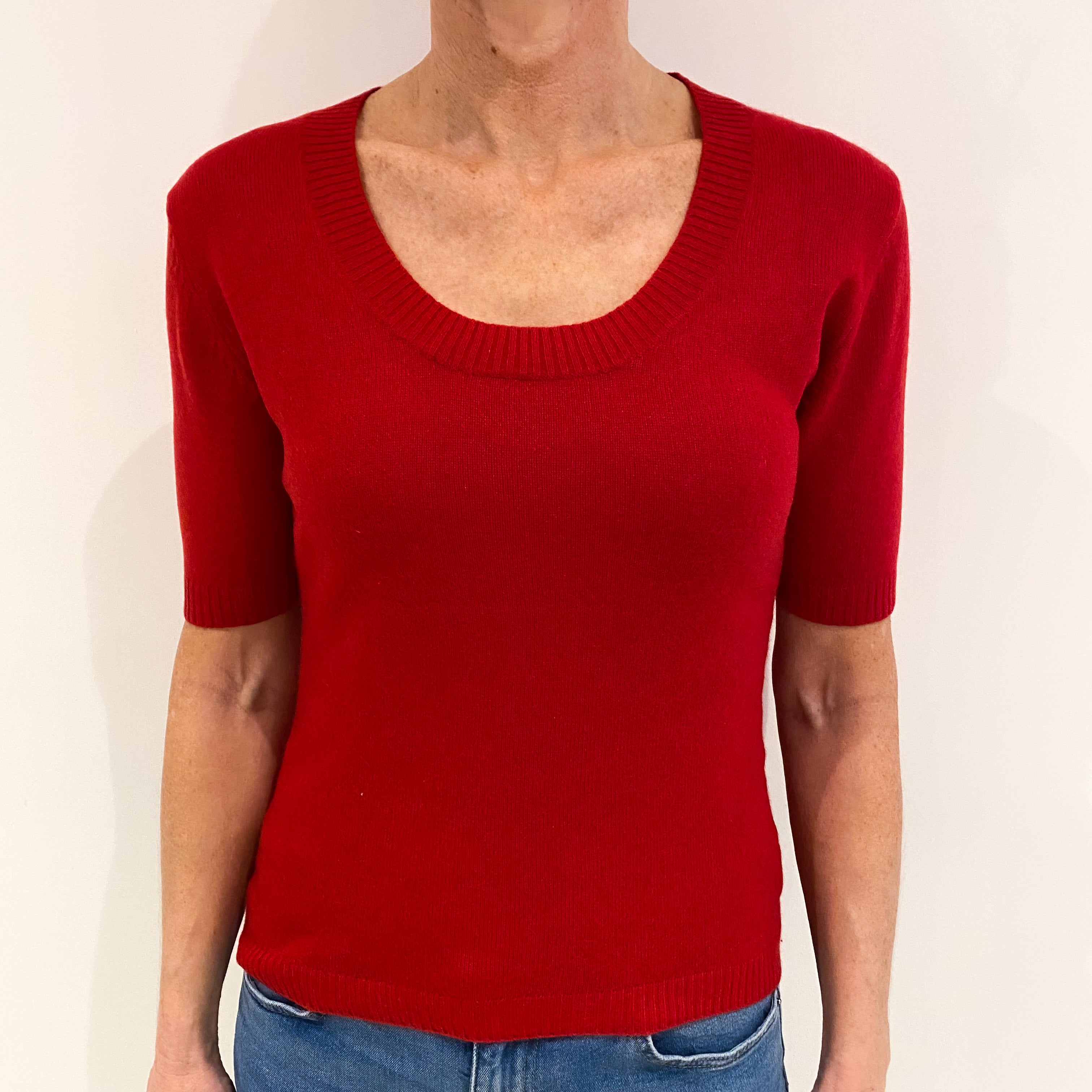 Scarlet Red Cashmere Short Sleeved Scoop Neck Jumper Small