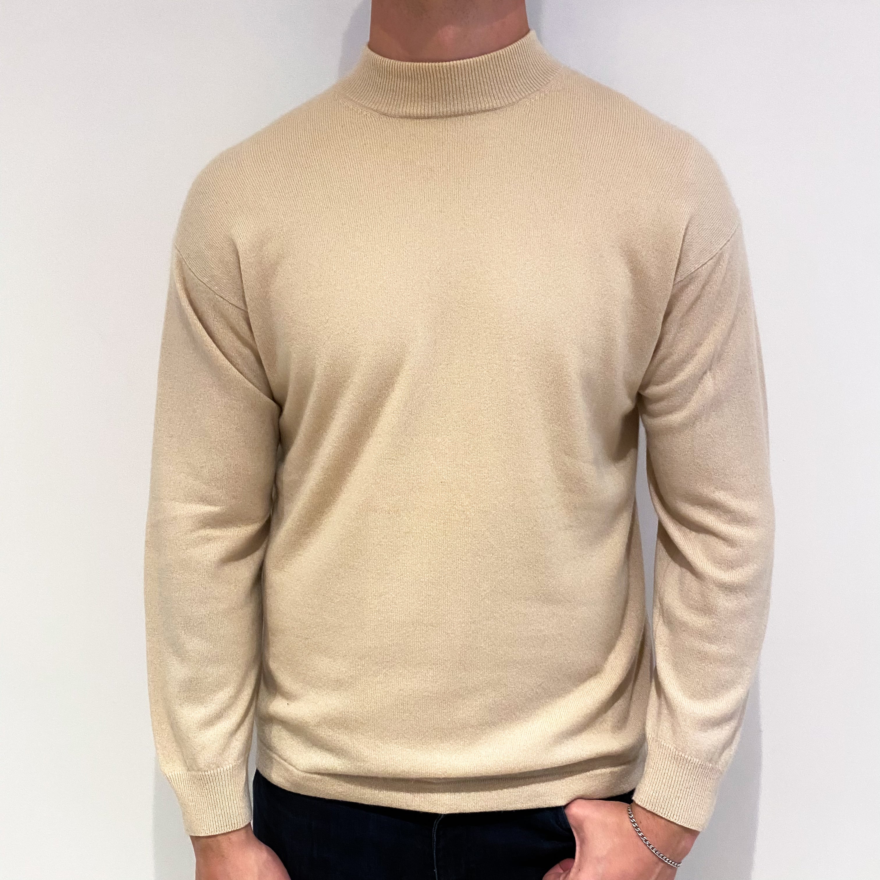 Men's Beige Cashmere Turtle Neck Jumper Extra Largw