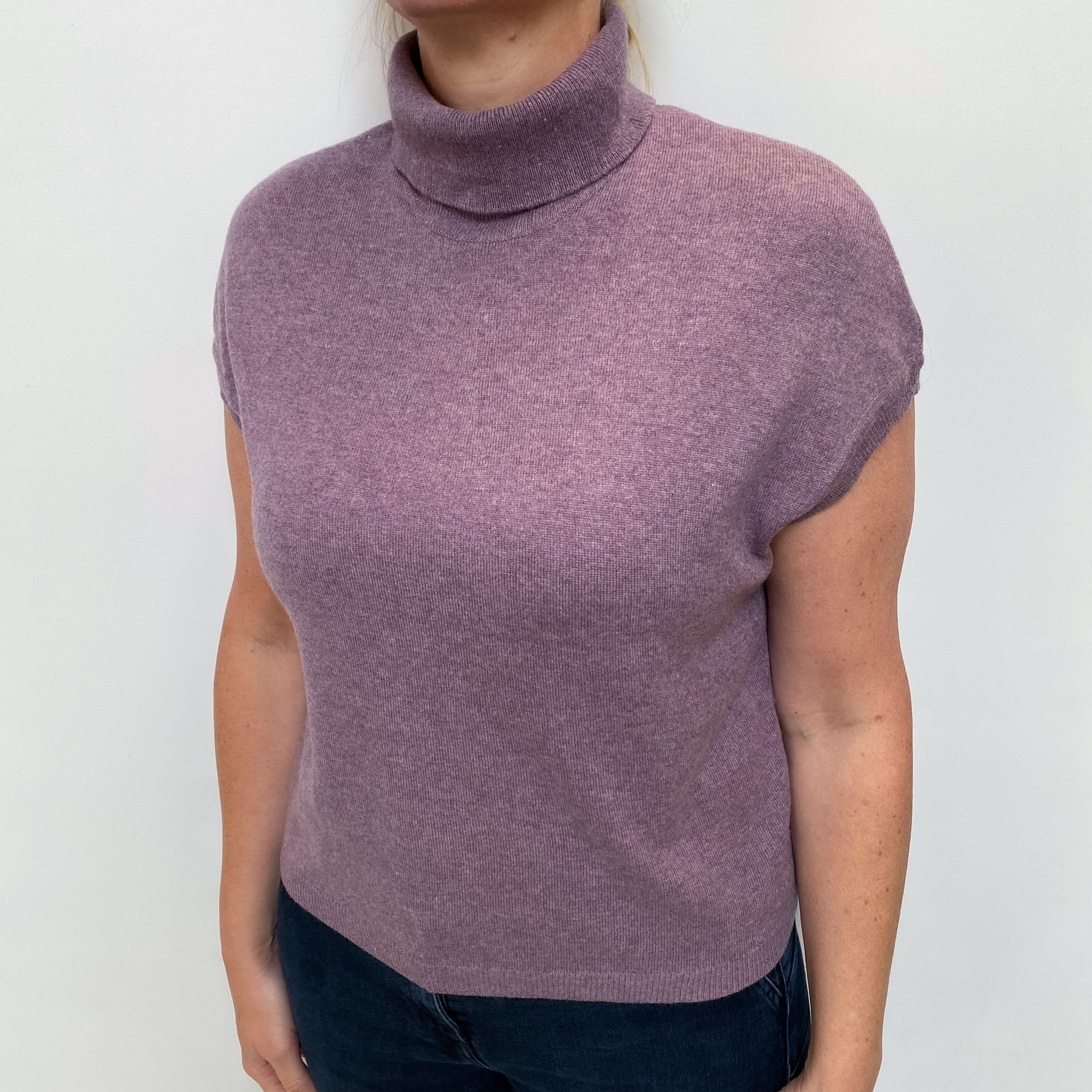 Mauve Purple Cashmere Capped Sleeve Polo Neck Jumper Large