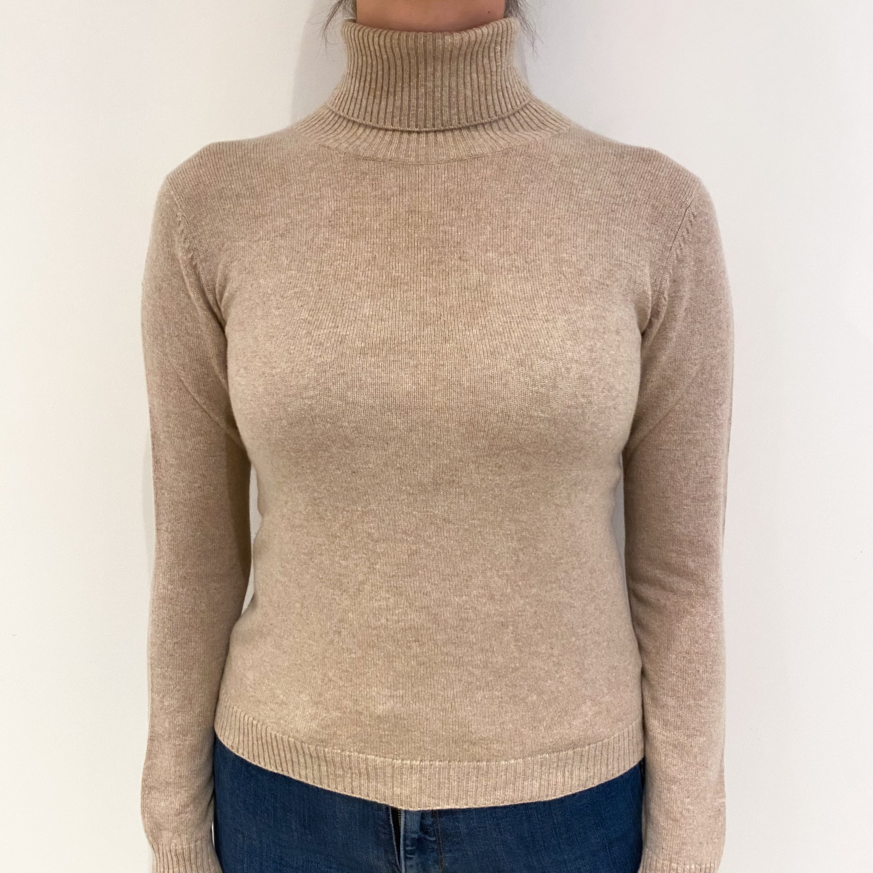 Fawn Brown Cashmere Polo Neck Jumper Small