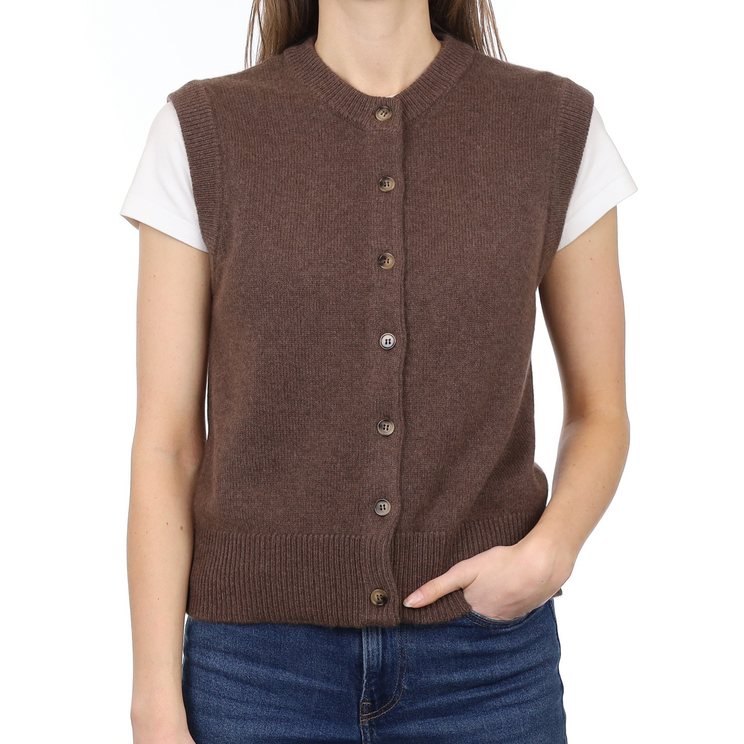 Brand New Mocha Luxury Cashmere Crew Neck Waistcoat Small UK 8-10
