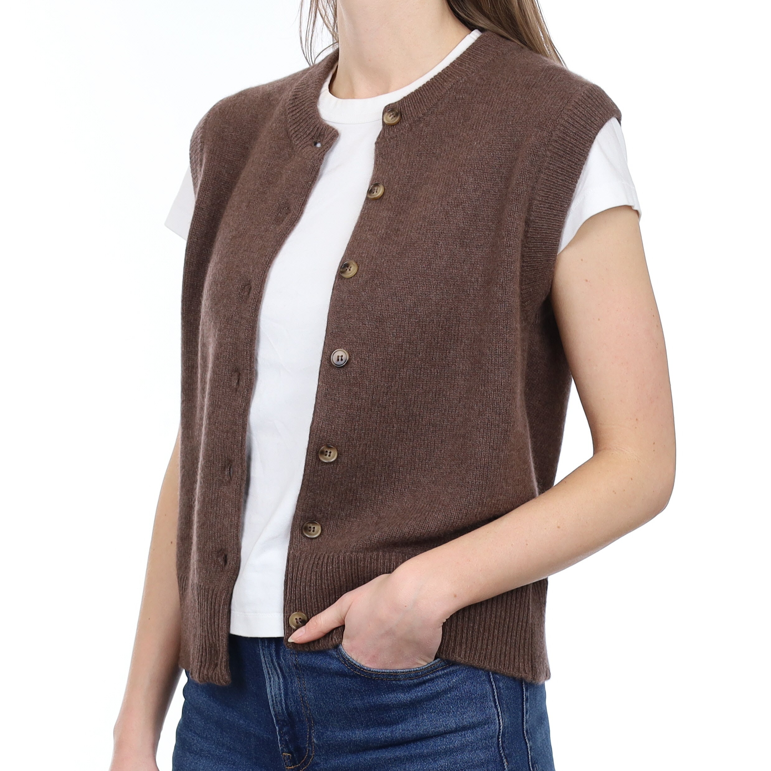 Brand New Mocha Luxury Cashmere Crew Neck Waistcoat Small UK 8-10