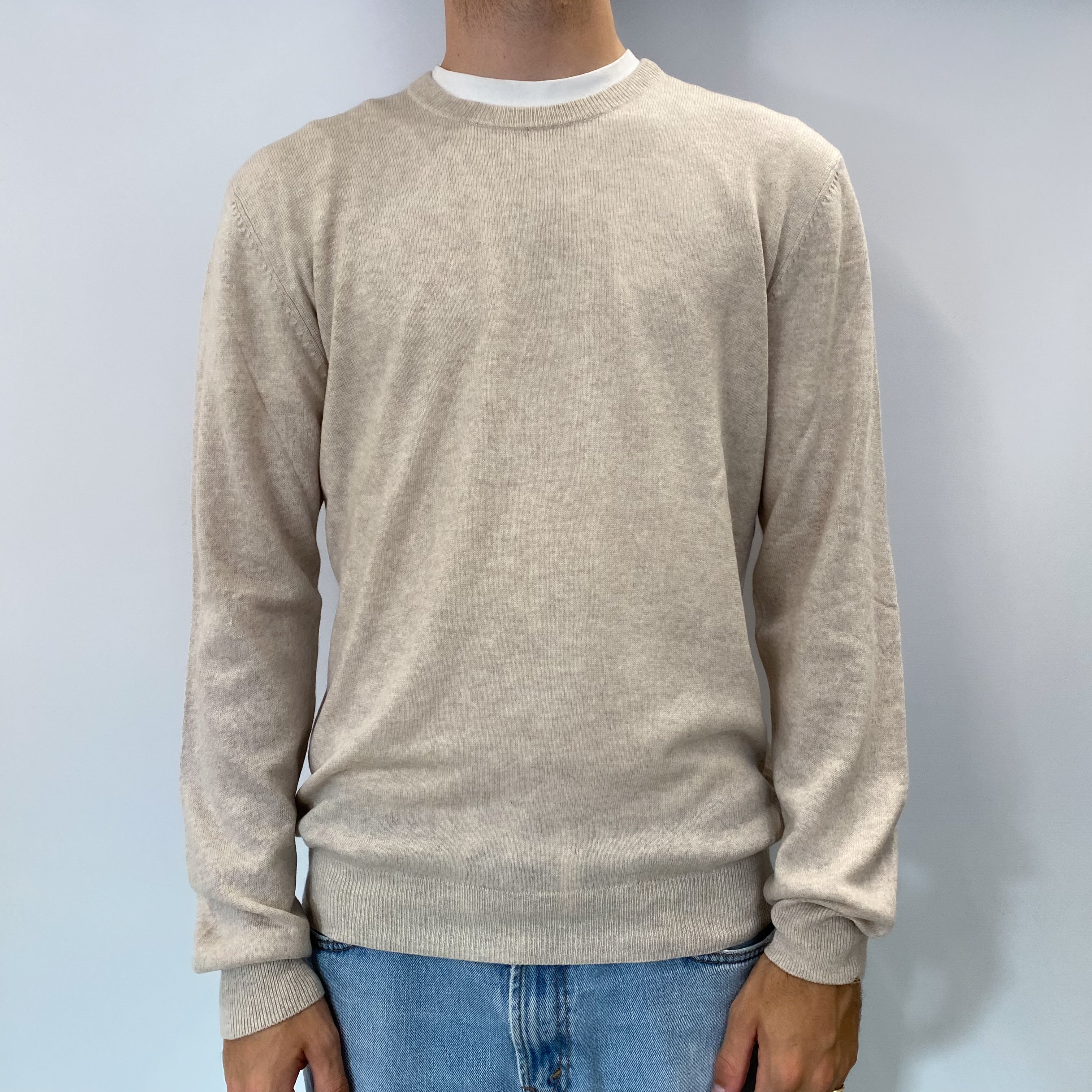 Men's Ivory Grey Cashmere Crew Neck Jumper Large