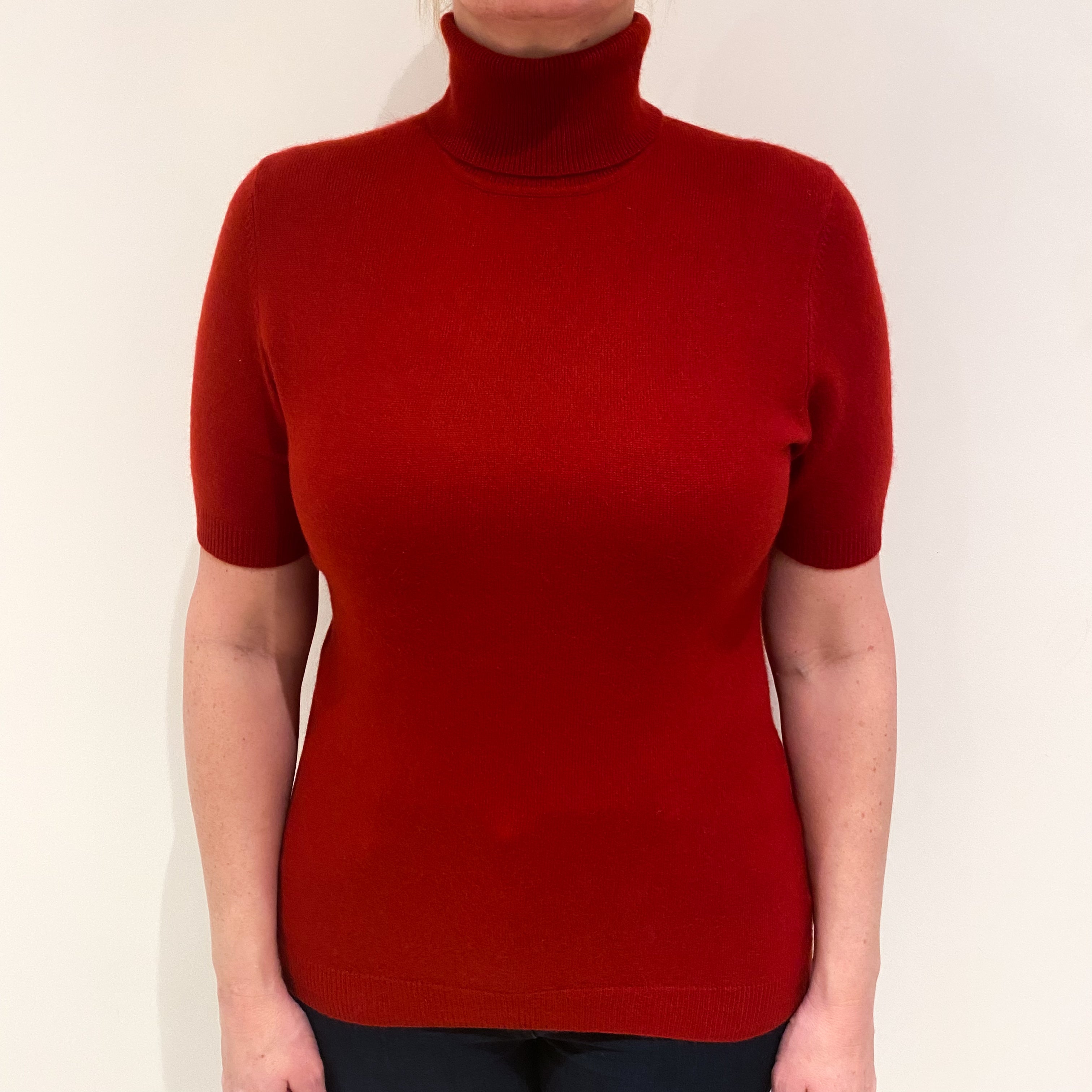 Postbox Red Cashmere Short Sleeved Polo Neck Jumper Large