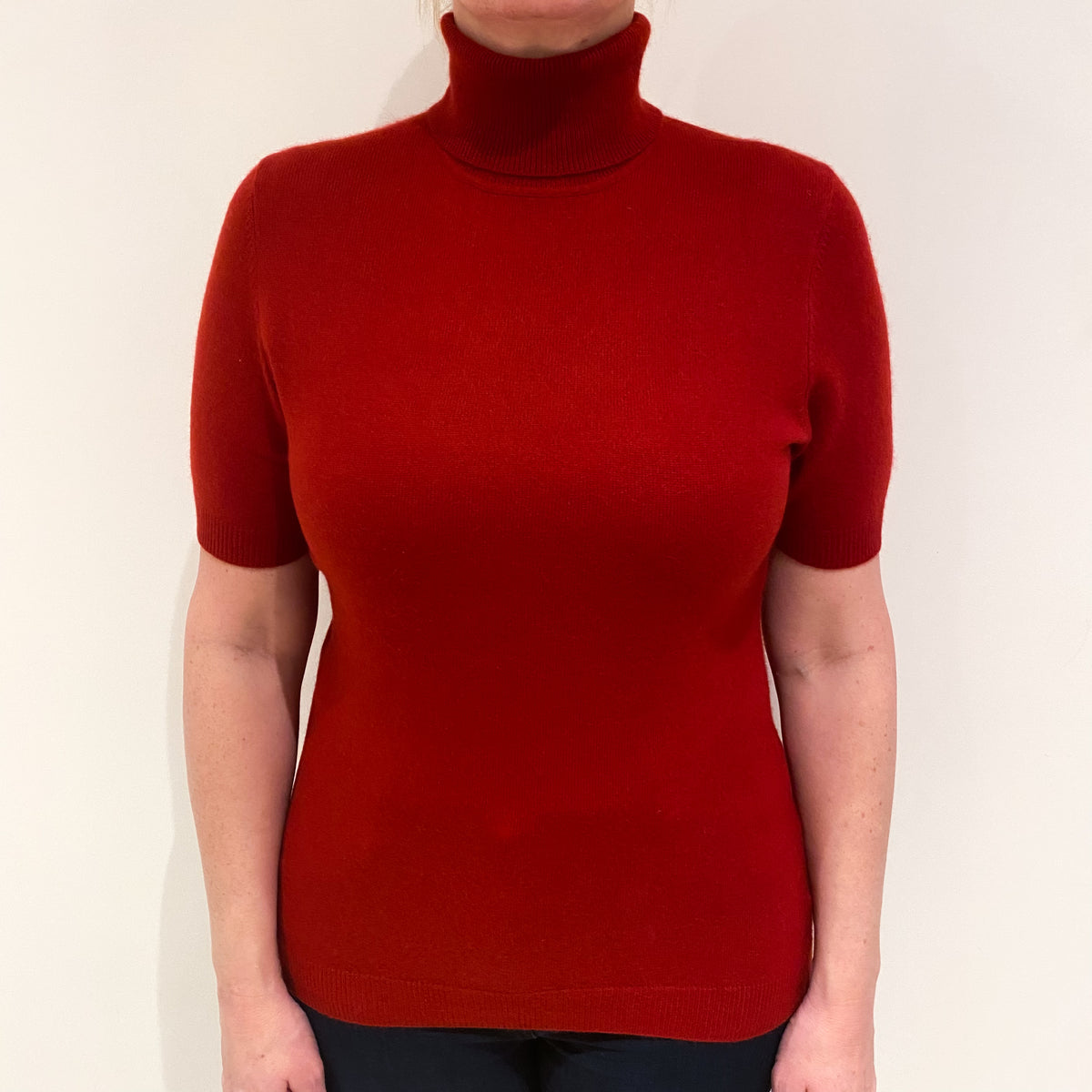 Postbox Red Cashmere Short Sleeved Polo Neck Jumper Large