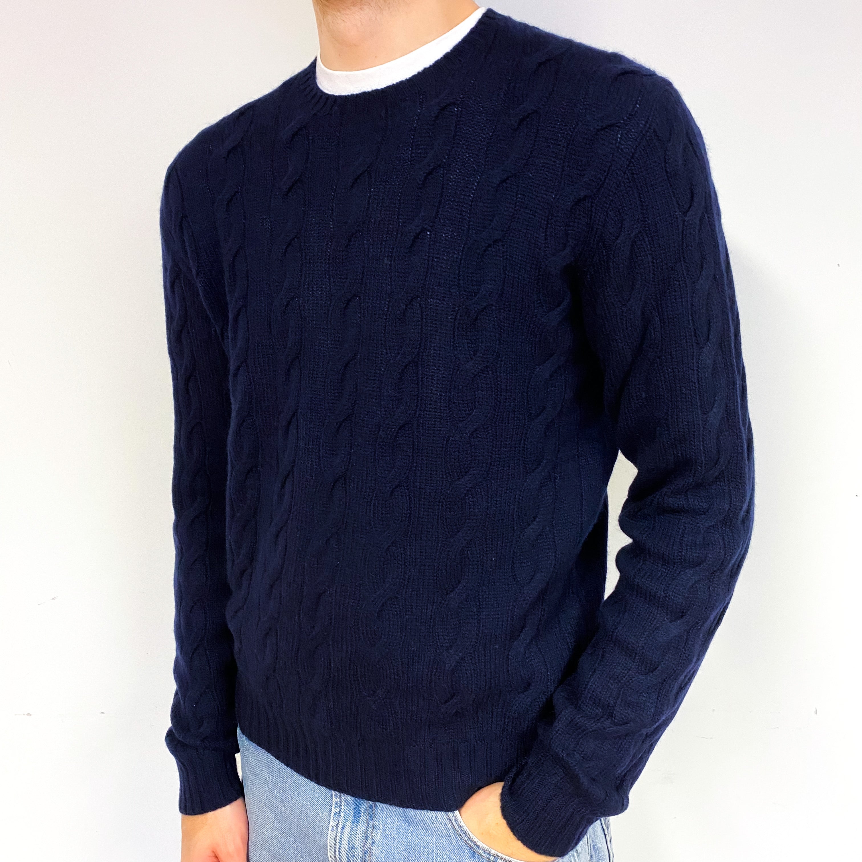 Men's Ralph Lauren Navy Cable Cashmere Crew Neck Jumper Large