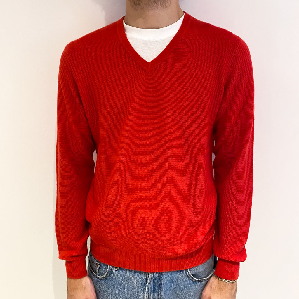 Men's Watermelon Red Cashmere V Neck Jumper Medium