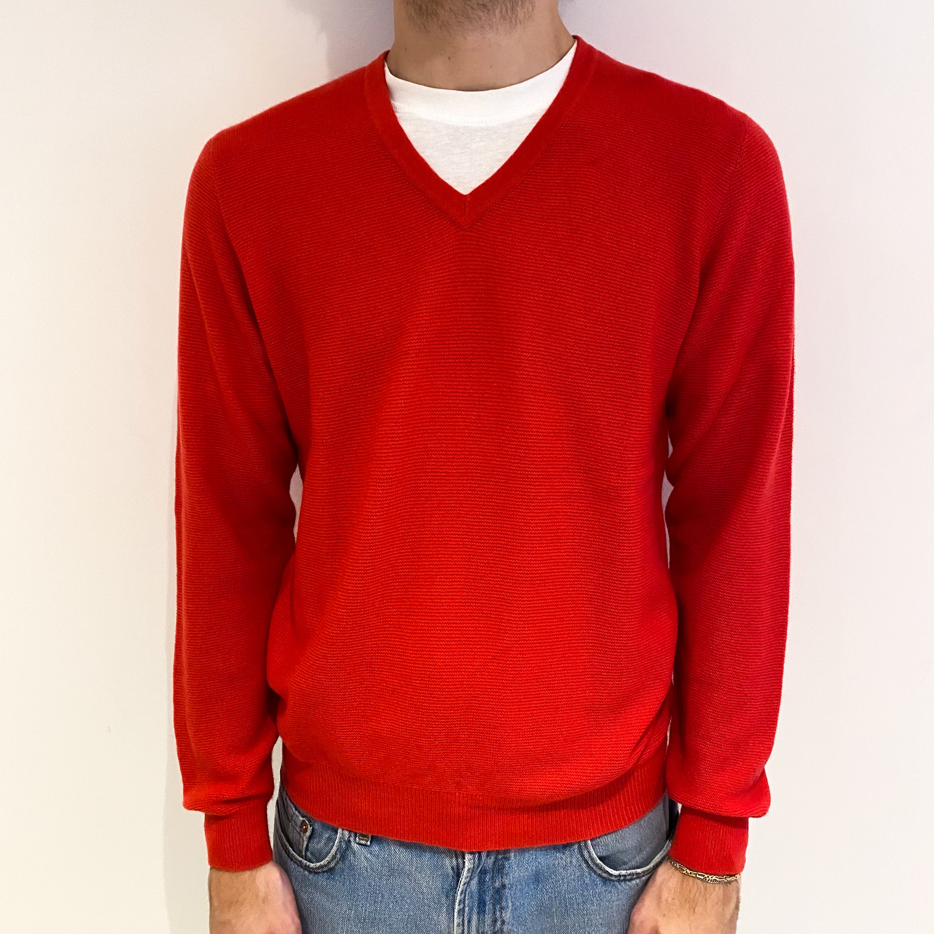 Men's Watermelon Red Cashmere V Neck Jumper Medium