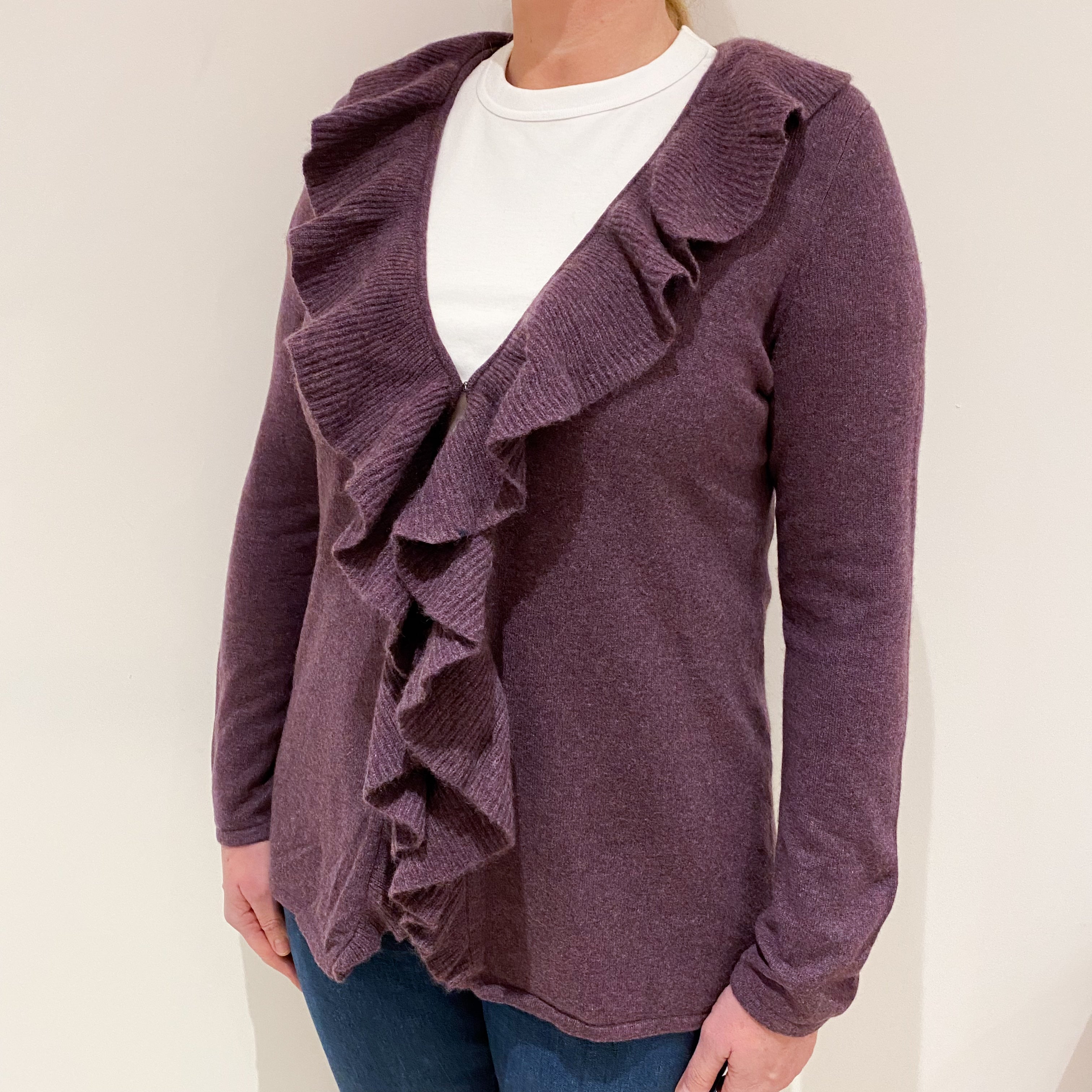 Blueberry Purple Cashmere Frill Trimmed Cardigan Large